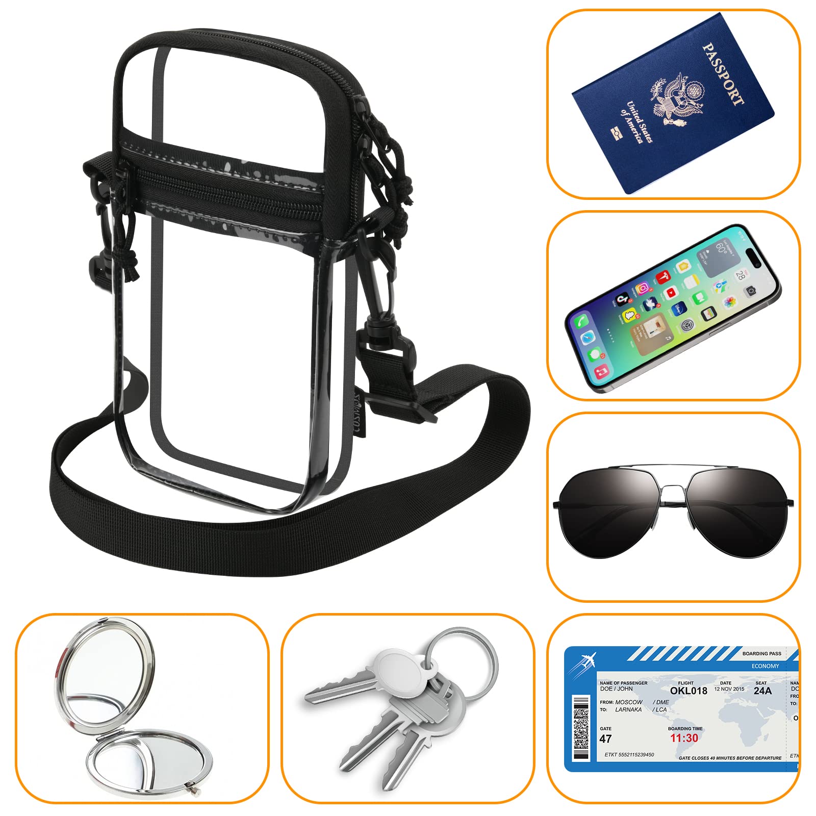 Cosmos Neck Wallet Clear Crossbody Purse Travel Documents Organizer Passport Holder Transparent Shoulder Bag with Adjustable Strap Travel Neck Purse Passport Wallet for Women and Men, Transparent,