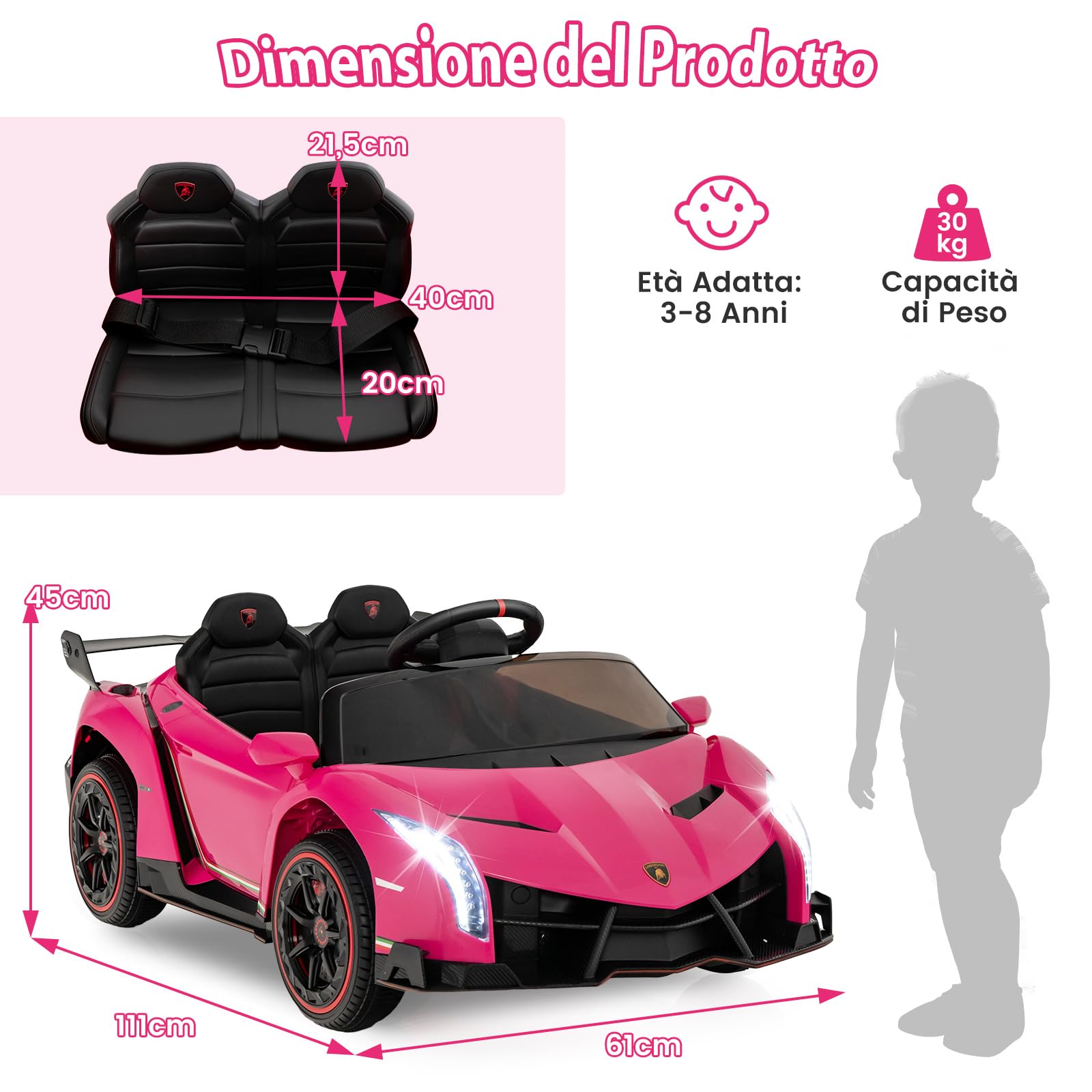 COSTWAY Lamborghini Macchina Elettrica per Bambini, Auto Elettrica Cavalcabile con Telecomando Luci LED, 3 Velocità, 3-6 km/h, per Bambini 3-8 Anni (Rosa)