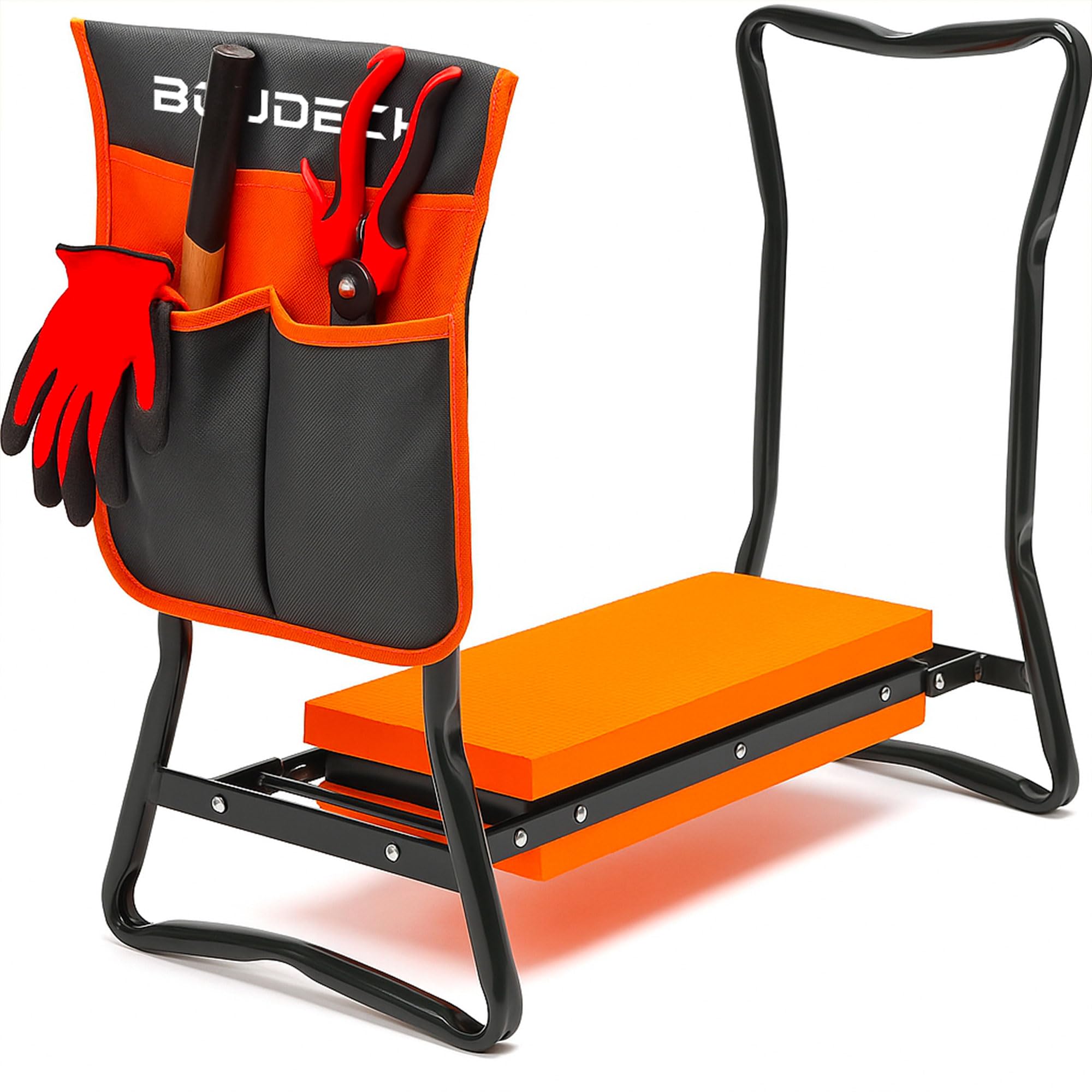 BOUDECH Ergogard - Tabouret à genoux multifonction 2 en 1 pour jardinage avec sac porte-outils, noir et orange