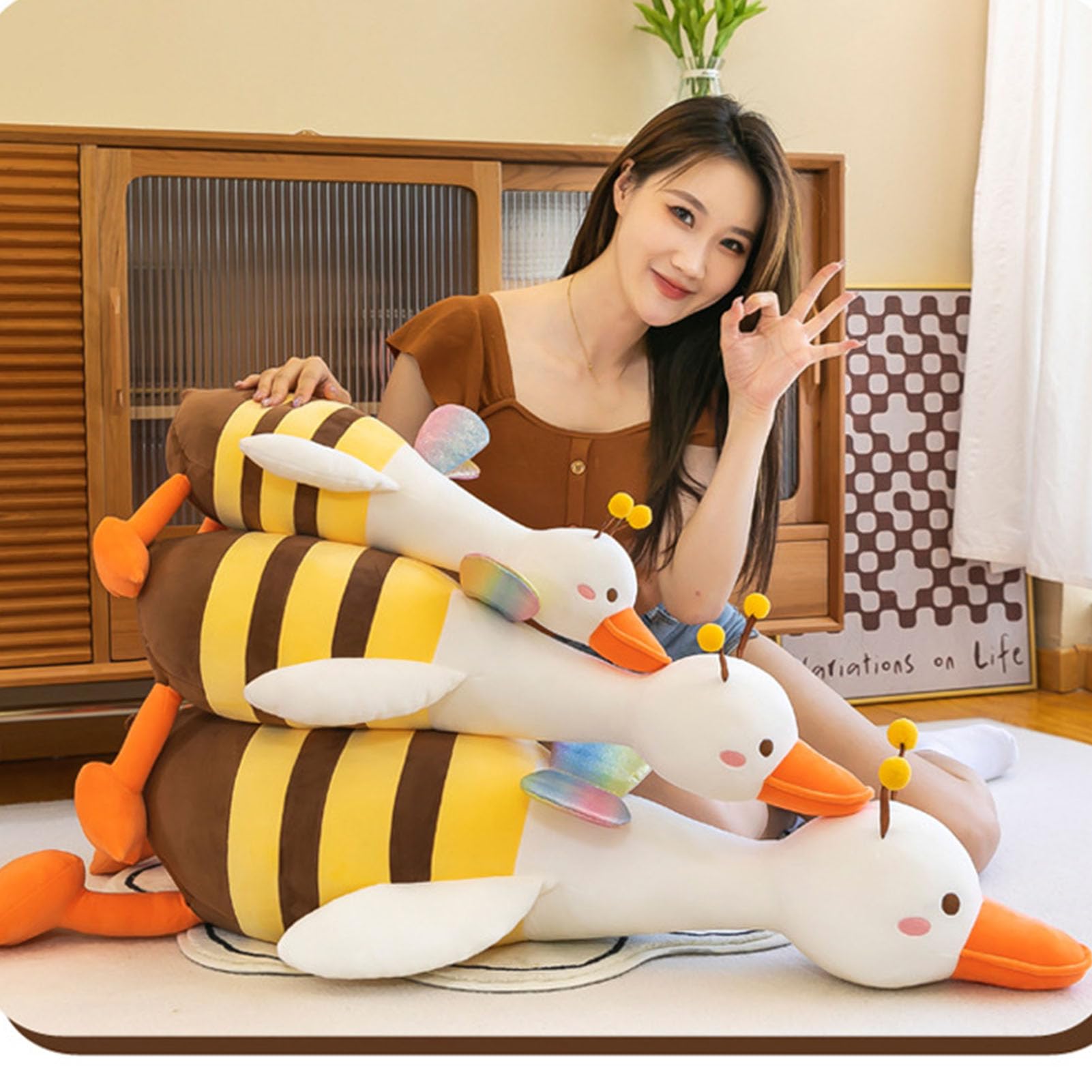Peluche Anatra d'ape, adorabile cuscino trasformabile in peluche per bambini, tessuto in piumino di cotone (grande)