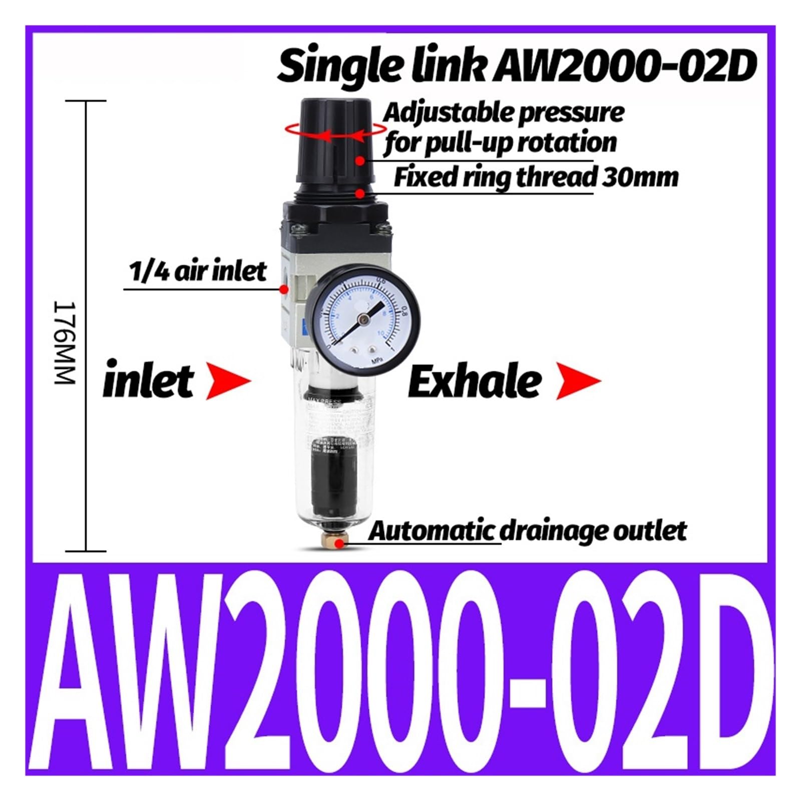 Regulator filtra pneumatycznego Zawór pneumatyczny do uzdatniania powietrza Zawory redukcyjne ciśnienia AW2000 AW3000 AW4000 AW5000 (AW2000-02D)