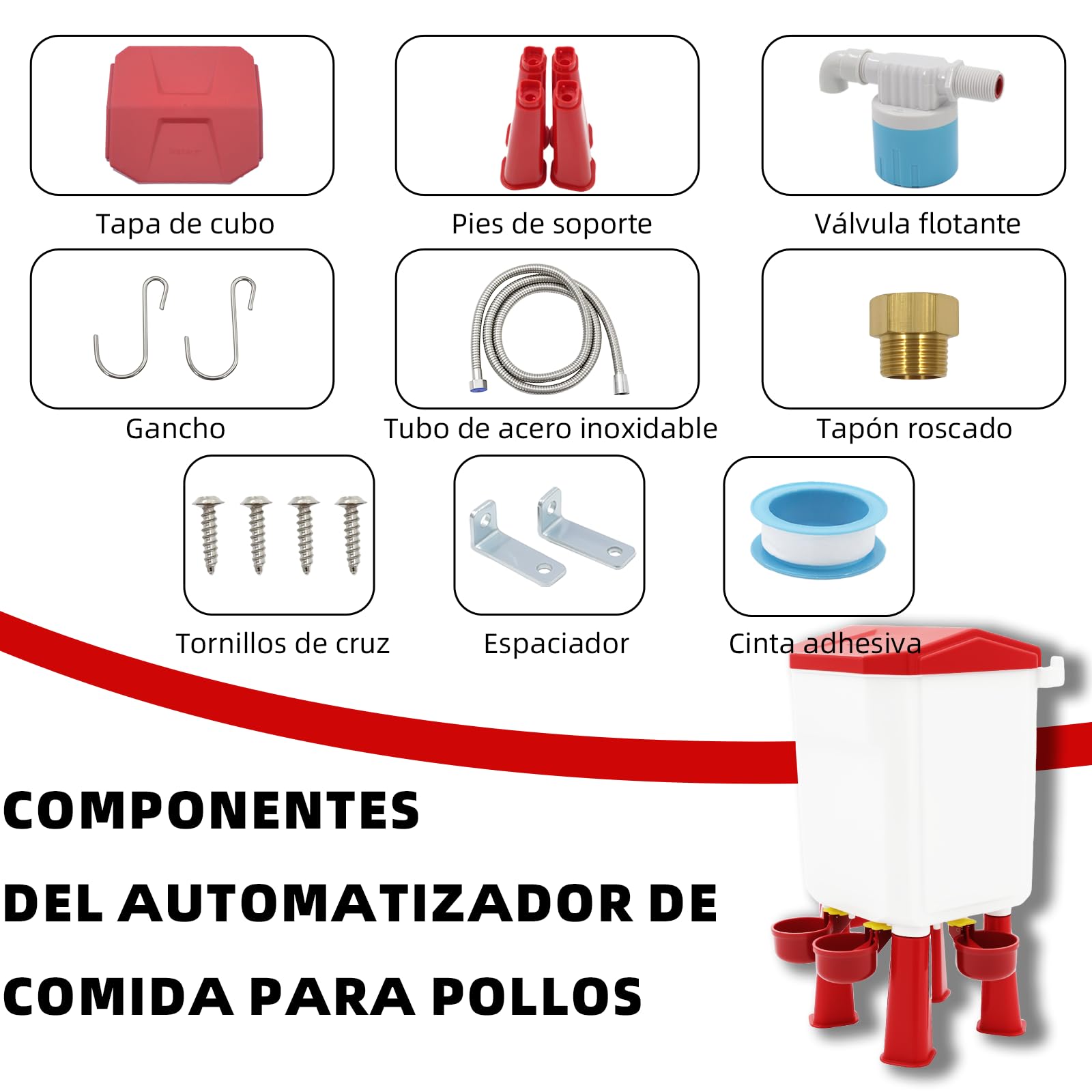 Bebedero automático de 7 litros, bebedero independiente para pollos para patos y gansos, alimentación colgante por gravedad, accesorios de cría de pollos, incluye accesorios