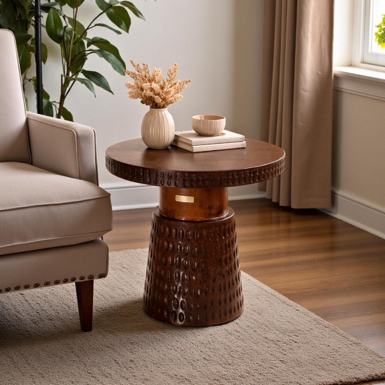 Wooden Coffee Table for Living Room|Side Table for Office,Home,Bedroom|Round Coffee Table|Mango Wood(17 inches Diameter x 20 inches Height-image-0