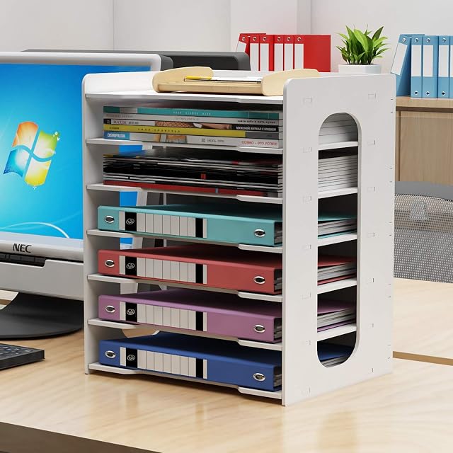 PUNCIA 7 Tier Office Desktop File Paper Organizer Holder Rack Shelf Desk Letter Tray A4 Paper Holder Document Storage Rack for Home Office School