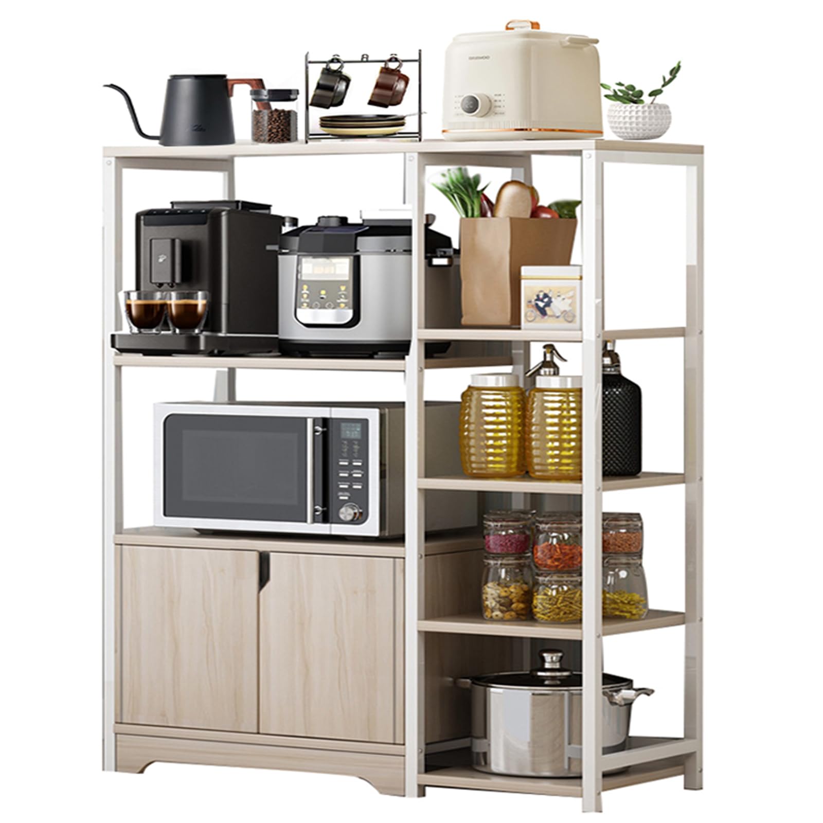 ZUIHAO Coffee Corner Coffee Cabinet,4-Tier Kitchen Storage Cabinet with Shelves,Wooden Multi Function Microwave Oven Stand,Home Storage Shelves,Beige