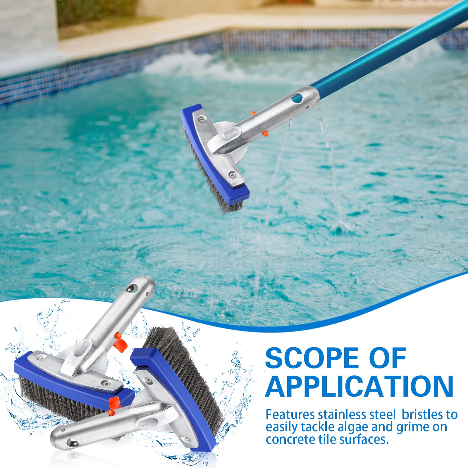 Gejoy Lot de 3 brosses de piscine de 14 cm en acier inoxydable très résistantes avec poignée en aluminium et poils en acier inoxydable pour nettoyer la piscine et s'adapter à la plupart des poteaux