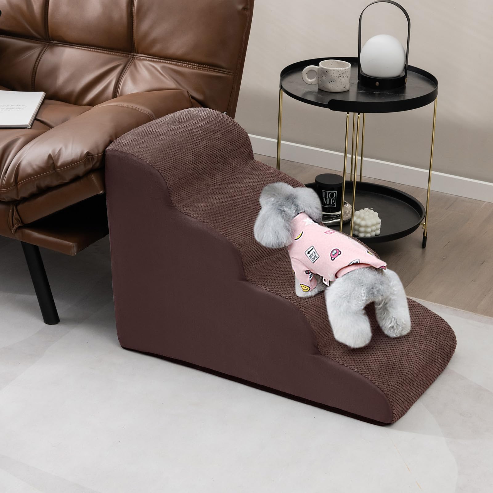 GYMAX Scaletta per Cani in Spugna, Fondo Antiscivolo, Rivestimento Rimovibile e Lavabile, Scala per Animali Domestici per Divano e Letto (4 Gradini - Caffè)