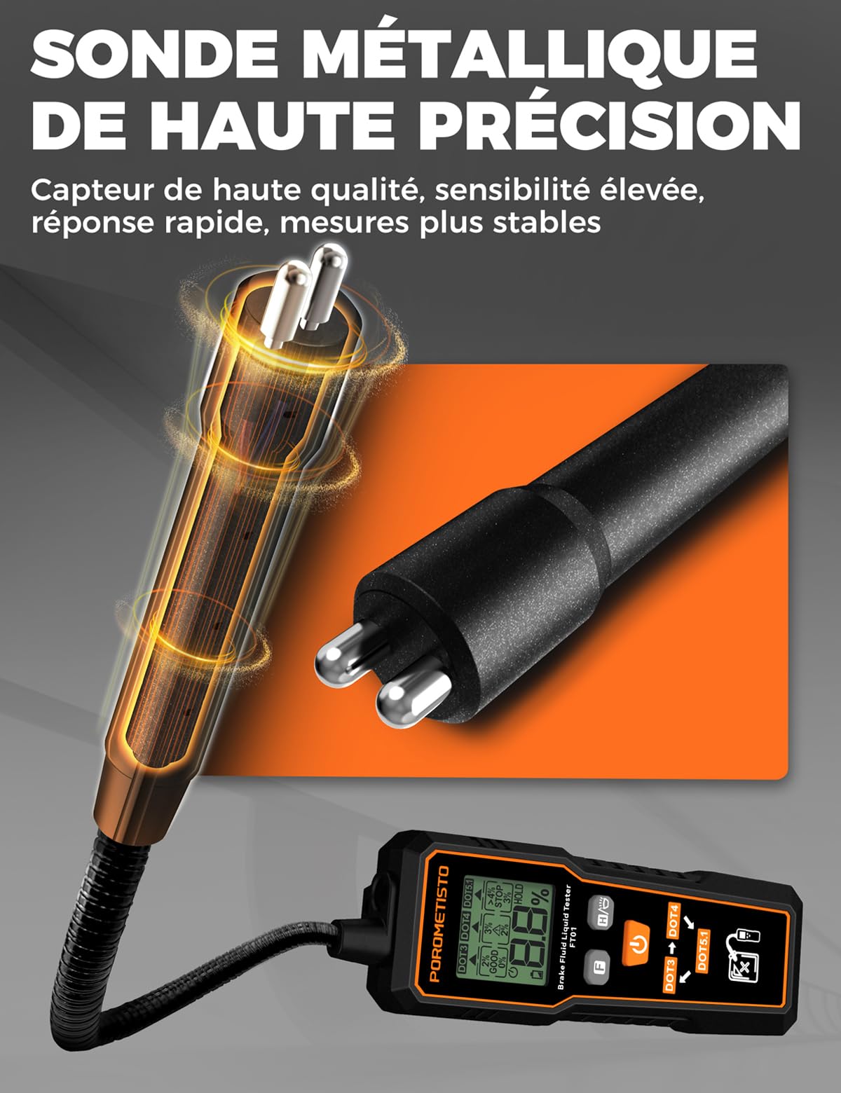 Testeur de liquide de frein professionnel FT01, sonde sensible résistante à la corrosion, adapté pour DOT3/DOT4/DOT5.1, Testeur liquide de frein pour la sécurité du véhicule