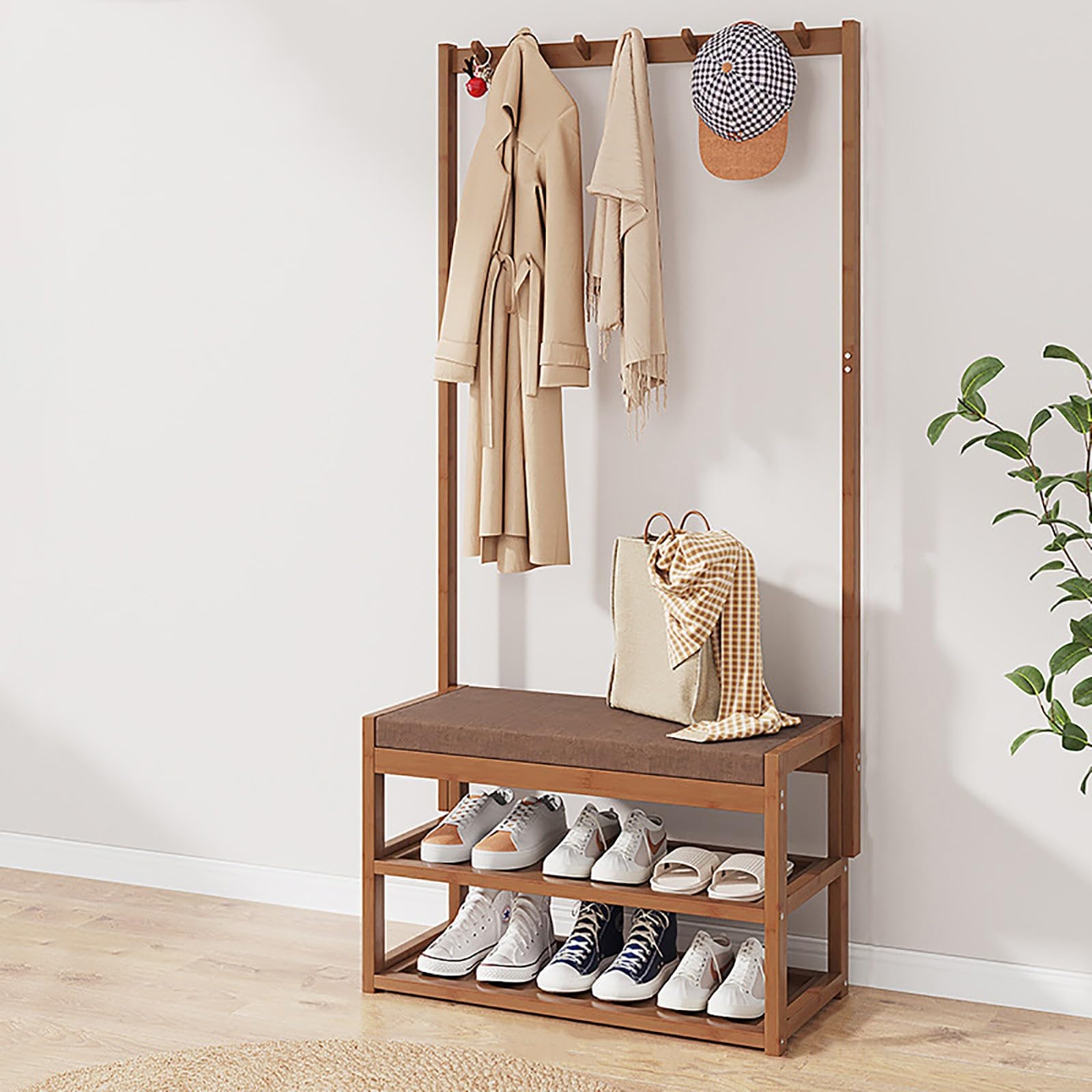 Porte-manteau entrée avec meuble à chaussures étroit en bambou