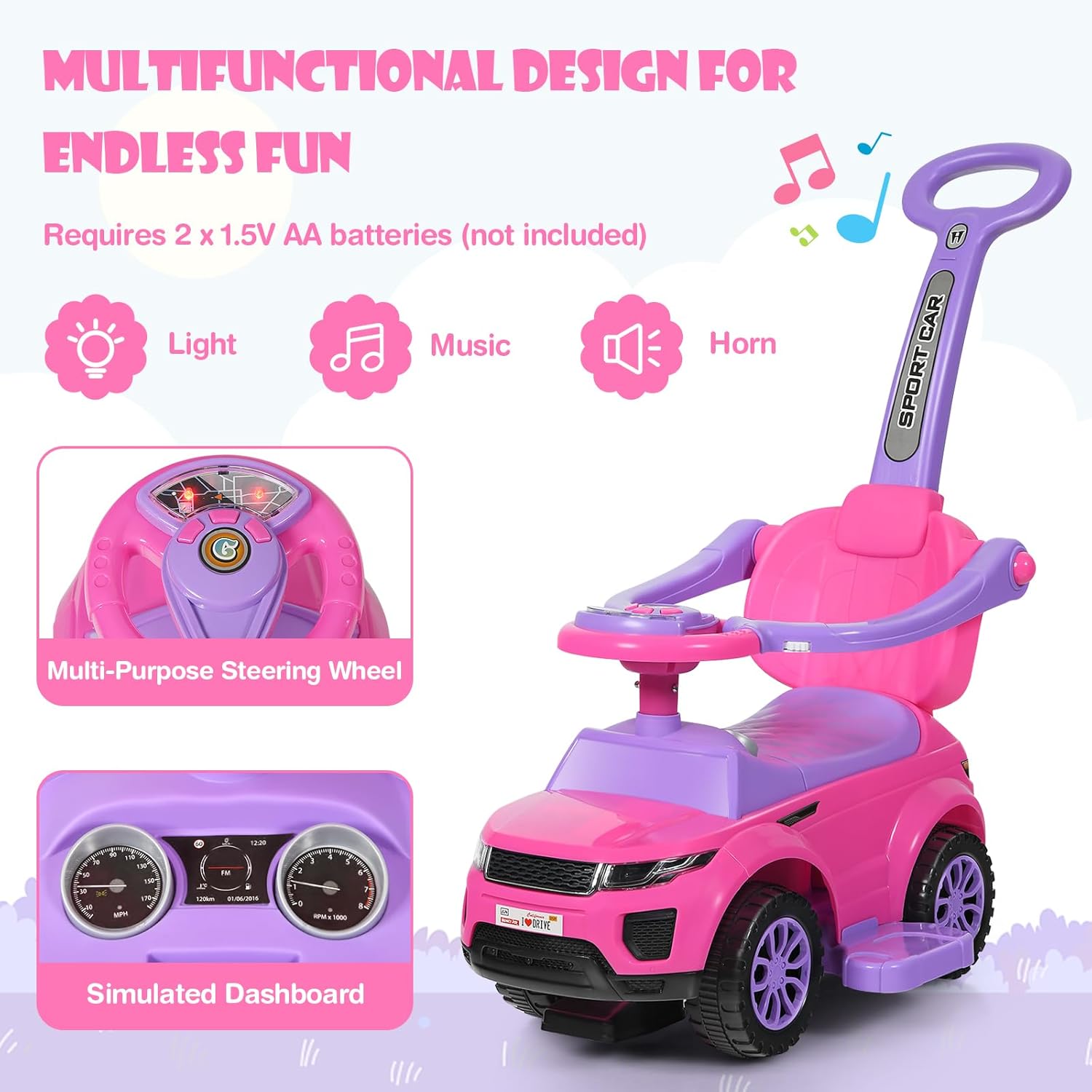 GLACER Push Cars for Toddlers 1-3, 3-in-1 Kids Sliding Car with Detachable Guardrail, Horn, Music, Lights, Storage Box and Anti-Roll Design, Ride on Push Car for Boys Girls (Pink)