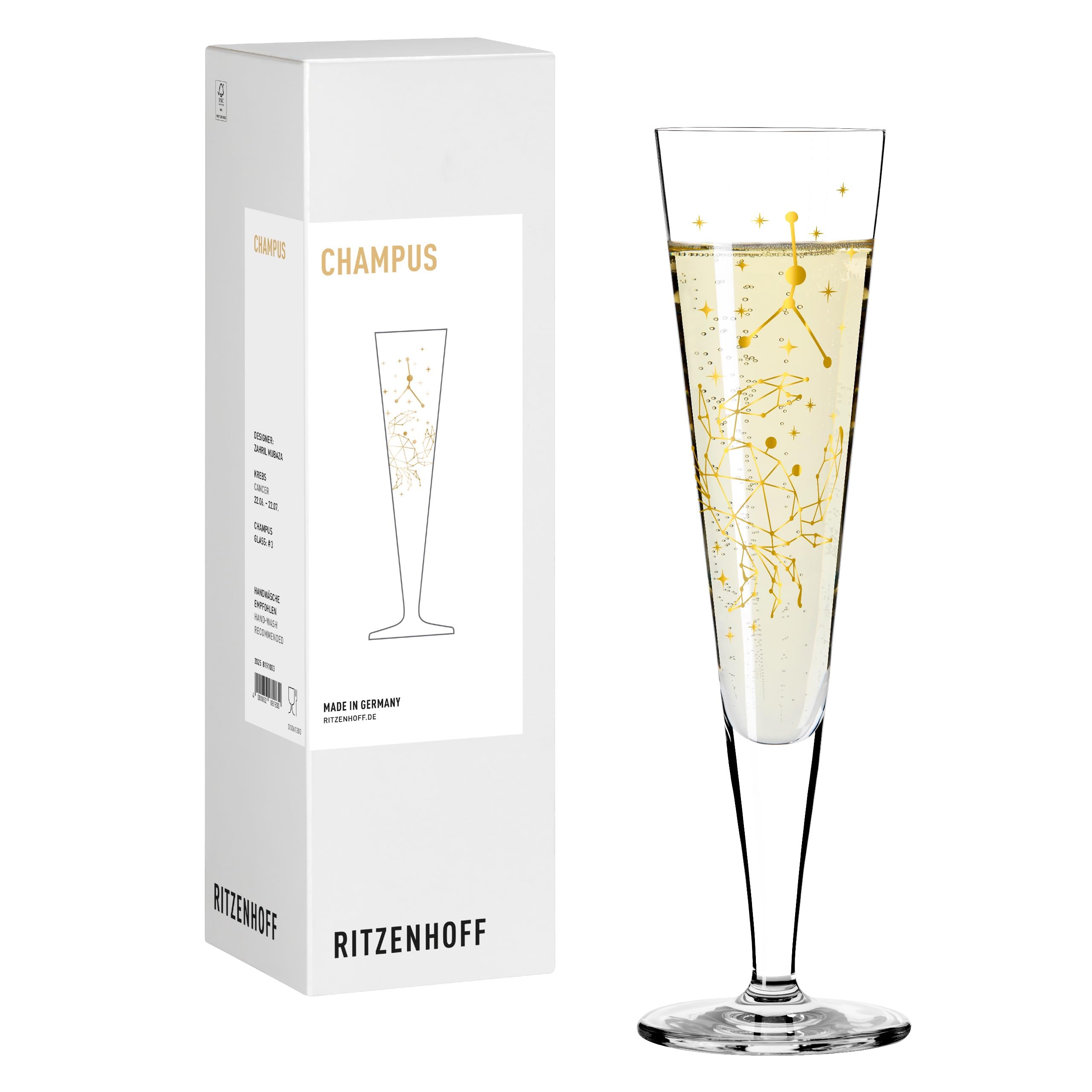 RITZENHOFF 8191003 Champagnerglas 200 ml - Serie Astro - Motiv Sternzeichen Krebs mit Echt-Gold, Made in Germany