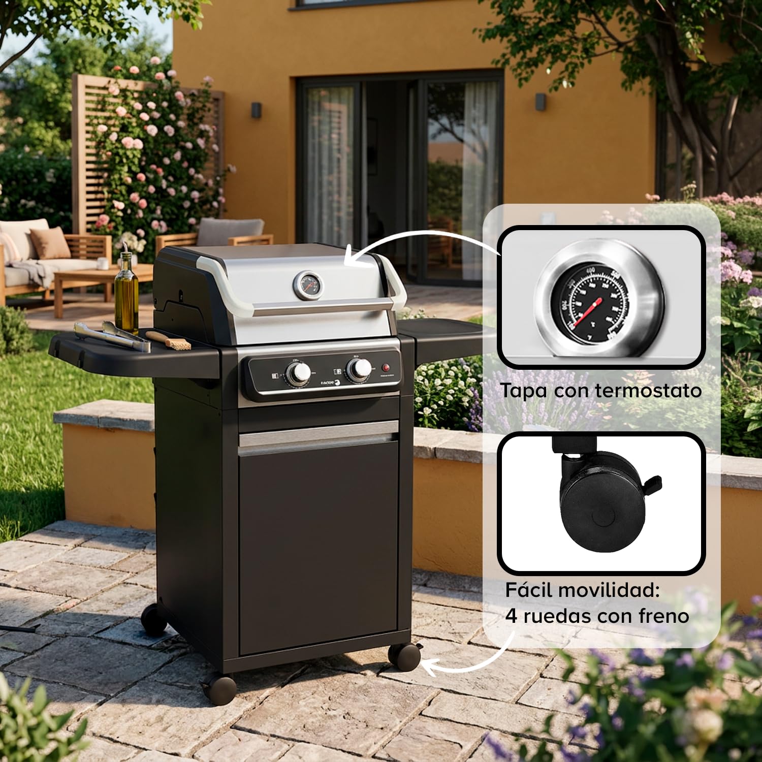 FAGOR BBQ Force Grill Barbacoa Eléctrica 3000W Exterior e Interior con Patas y Armario, Temperatura 330ºC, Doble Zona Cocinado, Sin Humo, Gran Superficie, Limpieza Fácil, Negro