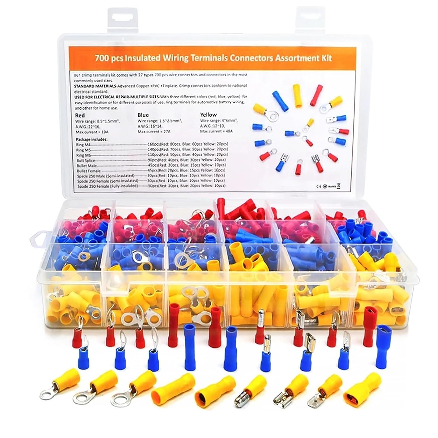 Wire Splice Connectors 700PCS Assortment Crimping Insulated Brass Butt Snap Plug Spade Fork Ring Male//Female Wire Connector Terminals Kit for All Gauge Wire Electrical Repair＆Installation