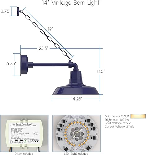 Miniatura 2 de Cocoweb Luz LED de cuello de cisne de calidad de 14 pulgadas en azul cobalto, luz de plumón para casa de campo, brazo metropolitano + cadena,