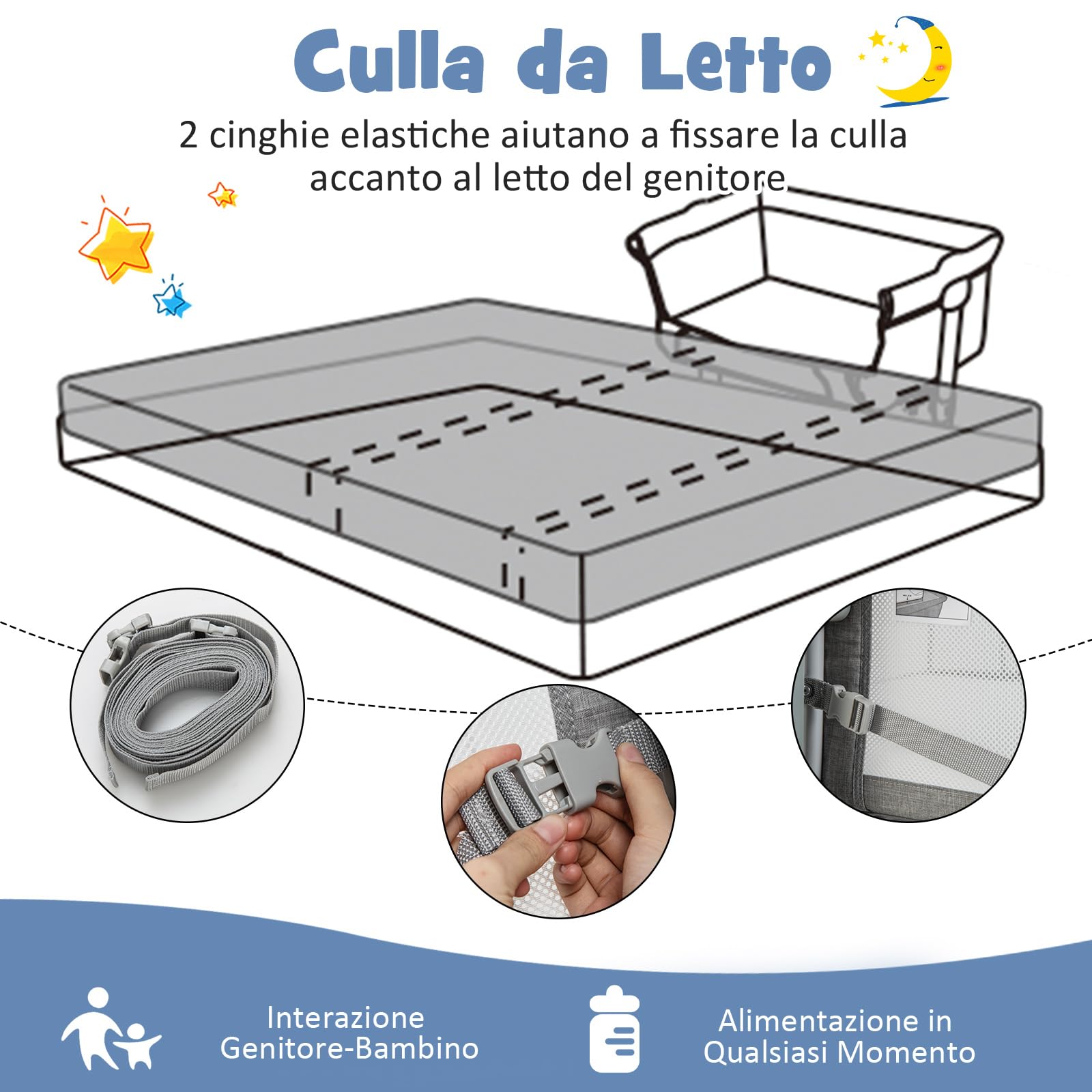 COSTWAY Culla Neonato Fianco 4 IN 1, Culla Co-sleeping con Spondina Apribile, Altezza Regolabile, Materasso Ruote Borsa da Viaggio Zanzariera Inclusi, 0-6 Mesi Fino a 9 kg (Grigio)