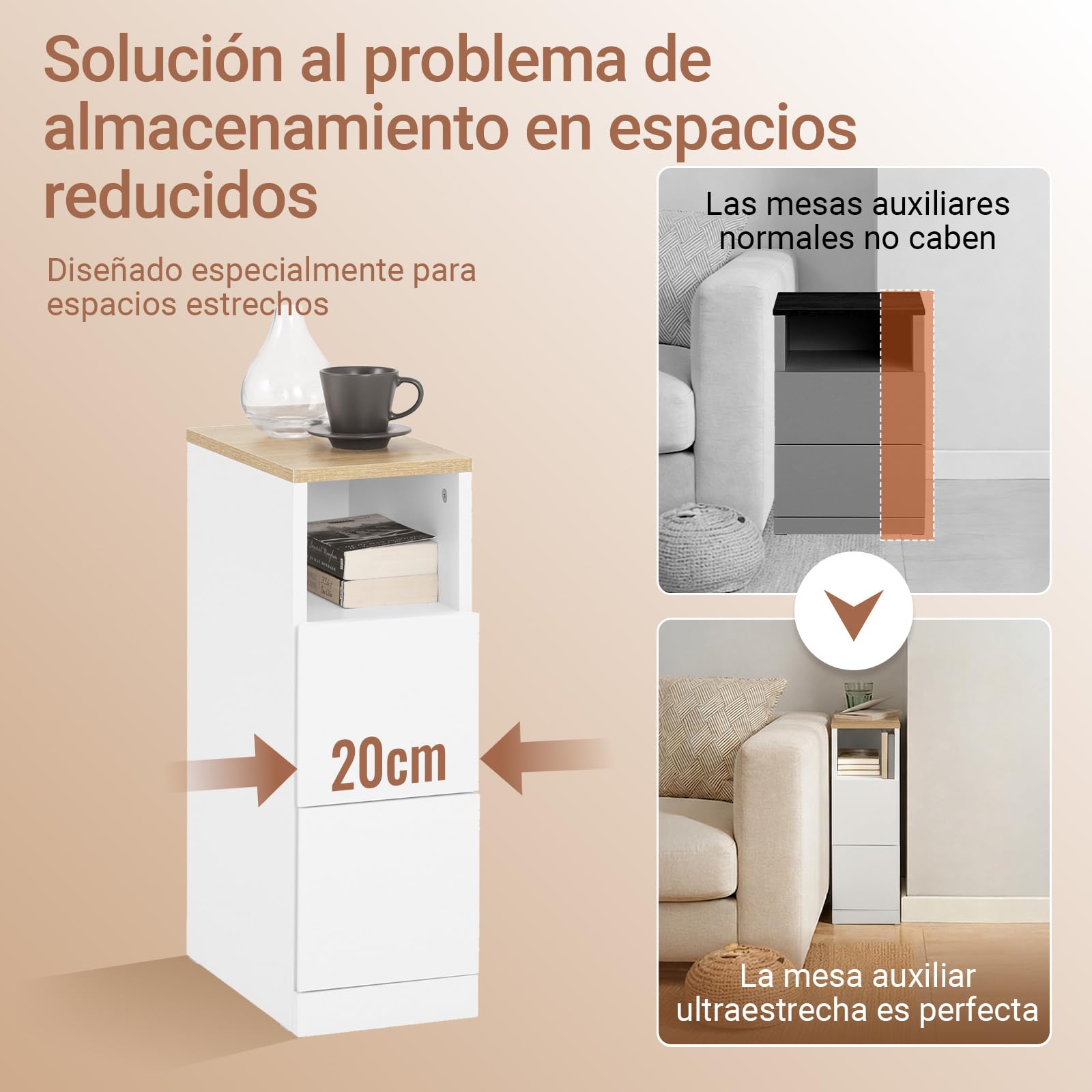 SoBuy mesita de Noche Estrecha 20 cm, Mesa Auxiliar con 2 cajones, Mueble ahorraespacio para Dormitorio y rincones, Ideal para inquilinos y Cama de muelles, Blanco, 20x35x60 cm, FBT149-WN
