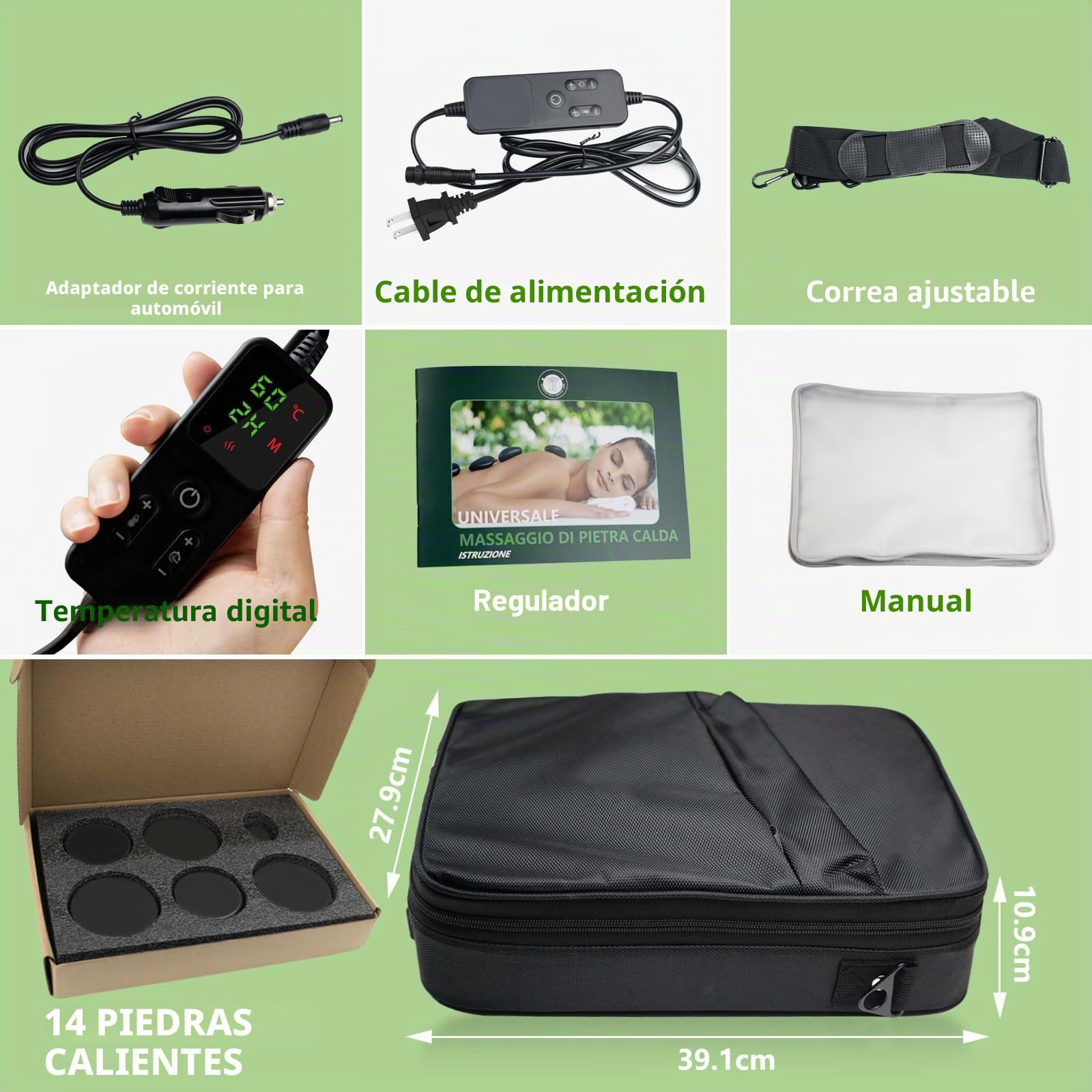 Calentador profesional de piedras calientes, juego de calentadores de piedras de masaje, set de masaje eléctrico portátil, 14 piedras de masaje calientes de basalto, para terapia de masaje, relajación
