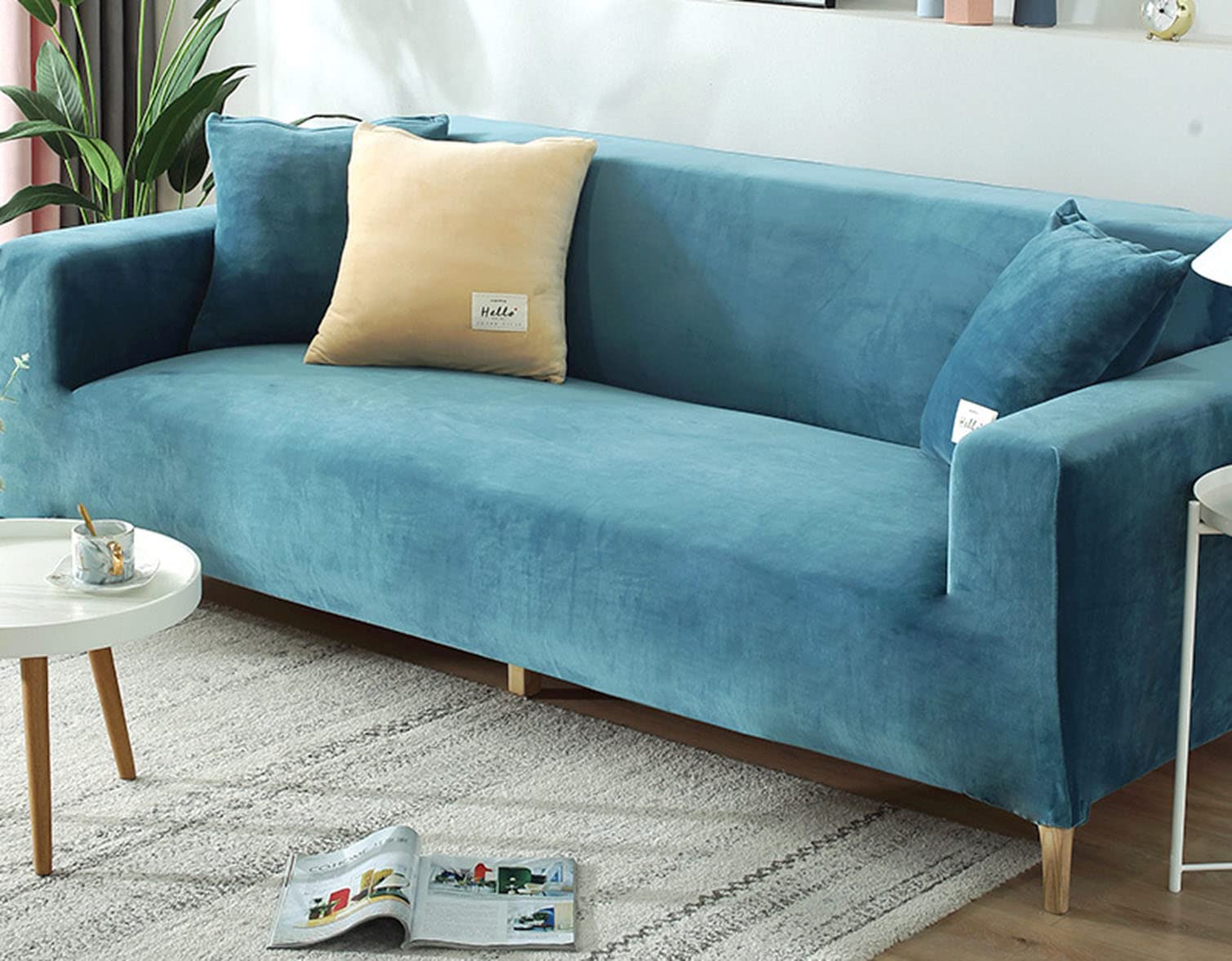 Housse de canapé en velours bleu extensible 1 place pour protection de fauteuil lavable
