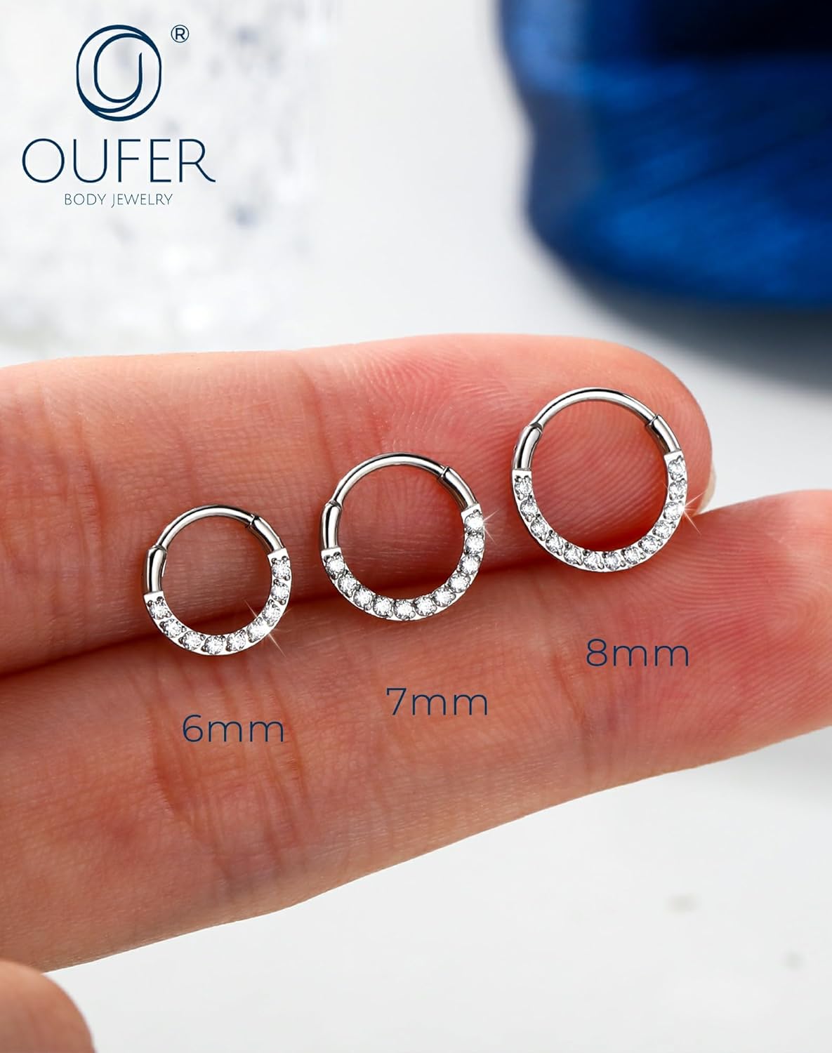 OUFER 20G Nose Rings Hoops, Shiny Clear CZ Hoop Nose Ring For Women, 316L Surgical Steel Hinged Segment Daith Piercing Jewelry, Inner Diameter 6/7/8MM Cartilage Rook Helix Lobe Tragus Earrings - Image 6