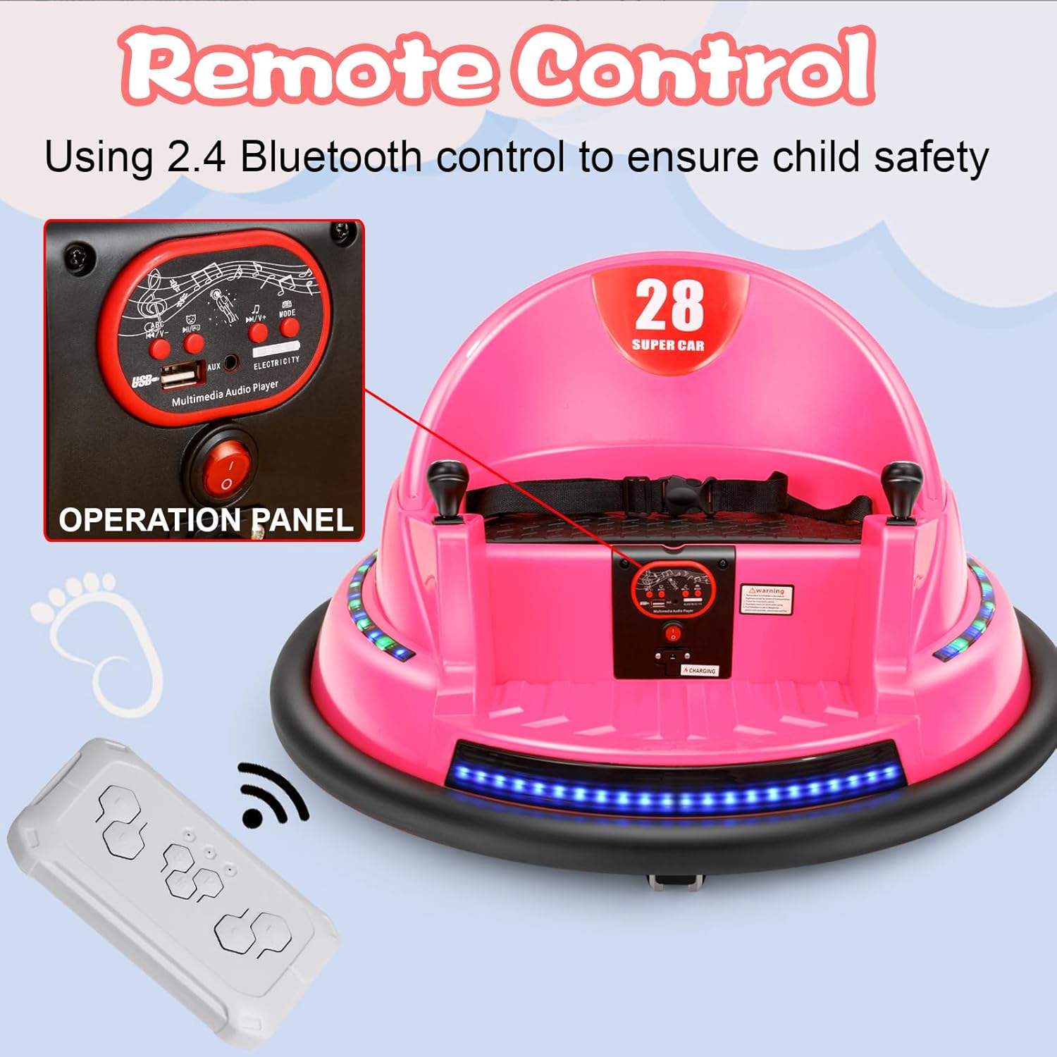 Edostory Electric Ride On Bumper Car Kids 12V 3-Speeds for Toddlers, 1.5-8 Years Old Baby Bumping Toy Cars, DIY Sticker Baby Toy Gifts, Remote Control, Bluetooth, 360 Spin ASTM-Certified Pink
