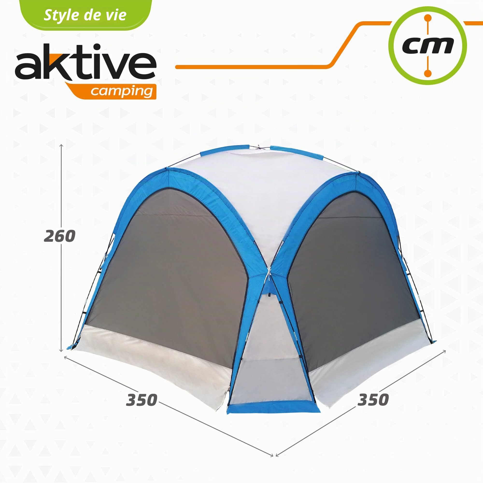 AKTIVE Tente, 350X350X260 cm, 4-6 Personnes, 12 Piquets Inclus, Armatures en Fibre de Verre, Tissu Polyester 190T, Protection UV, Colonne d'eau 800 mm, Poids 7 kg, Moustiquaire (52896)