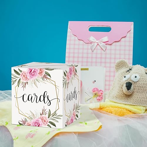 Miniatura 3 de Caja de tarjeta floral rosa verde, 8 x 8 x 8 pulgadas, soporte para caja de dinero de regalo, boda, fiesta, cumpleaños, despedida de soltera, baby