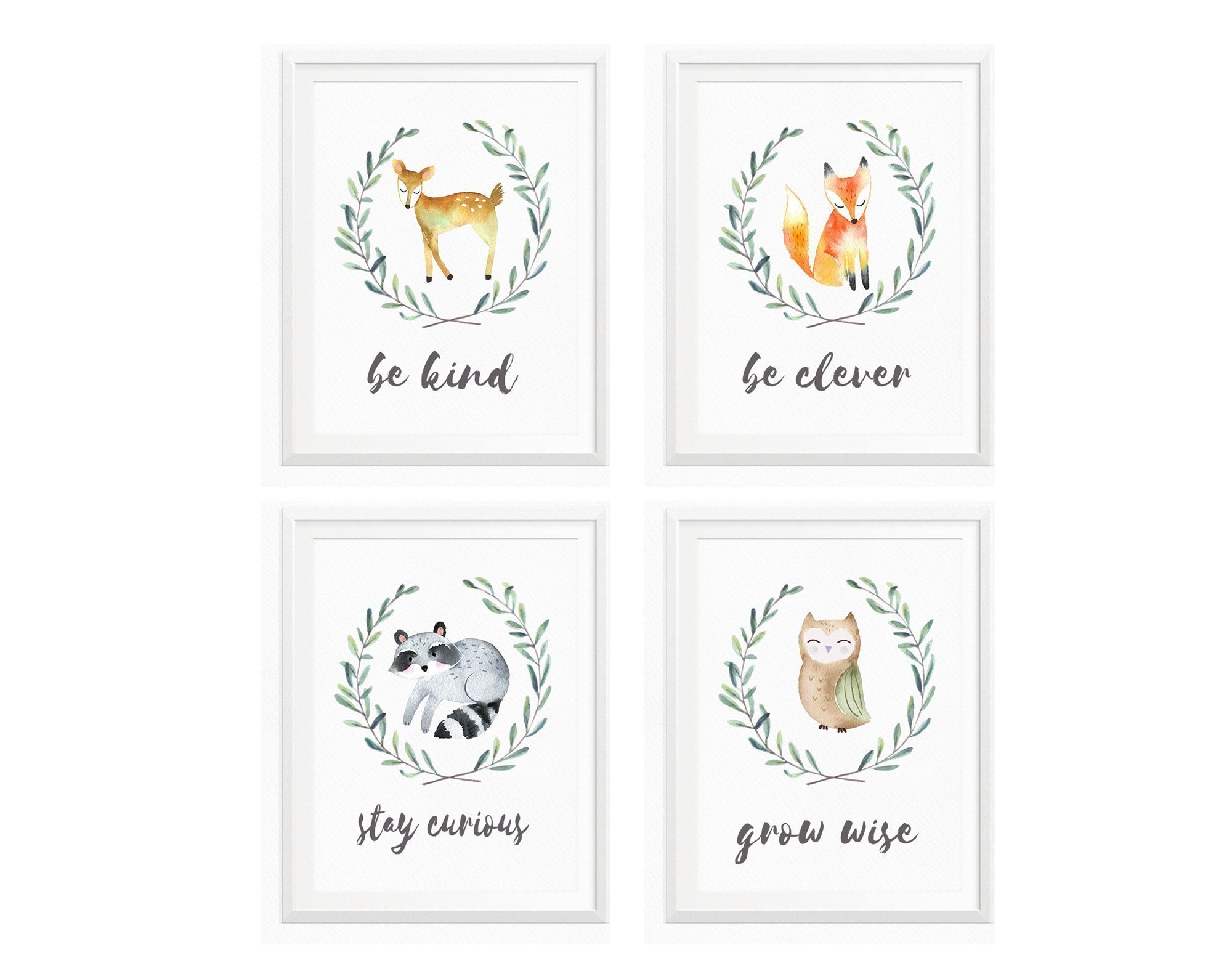Woodland Nursery Wall Art, Set of 4 8x10 Unframed Wall Art Prints on 100% Cotton Watercolor Paper. Featuring Raccoon, Deer, Owl and Fox. Be Kind, Be Clever, Stay Curious, Grow Wise.