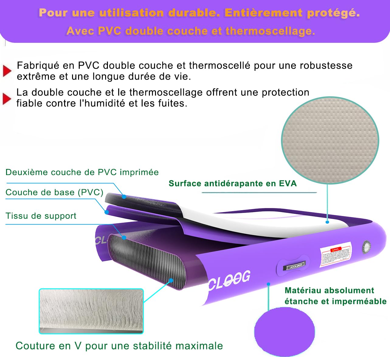 Tapis de gymnastique gonflable JOOLOOG, 3/4/5/6 m/7 m/8 m, en fibre de carbone, 10/20 cm d'épaisseur, pour gymnastique, yoga, taekwondo, avec pompe, purple