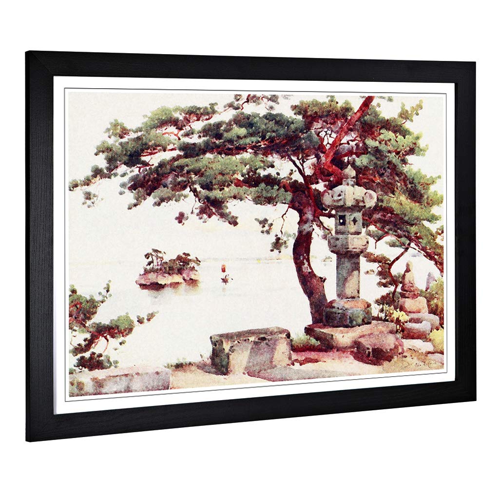 Big Box Art Framed Print of Ella Du Cane Japanese Oriental Pine Tree at Matsushima Design | Wall Art Picture| Home Decor for Living Room, Bedroom, Office, Black, A2 / 24.5x18 Inch / 62x45cm