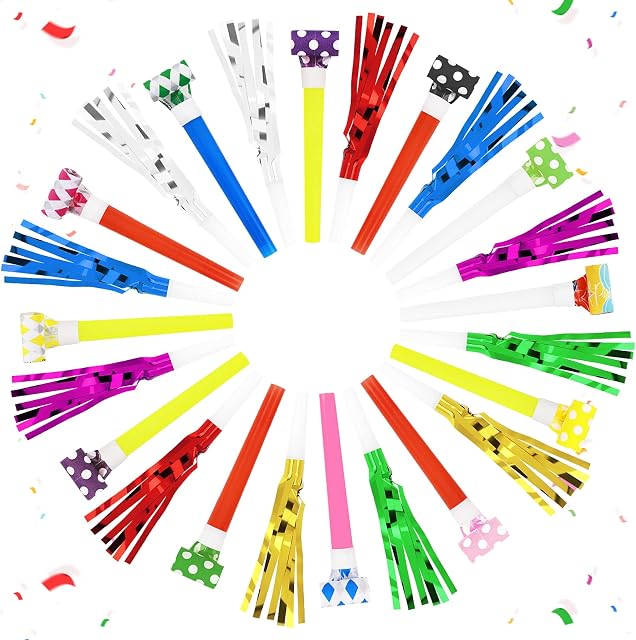 Thinp 24 Pieces Party Blowers for Adults and Kids, Party Blowers Glitter Metallic Fringed Graduation Noise Makers for Birthday Sporting Events New Years Christmas Party Favor Supplies Multicolor
