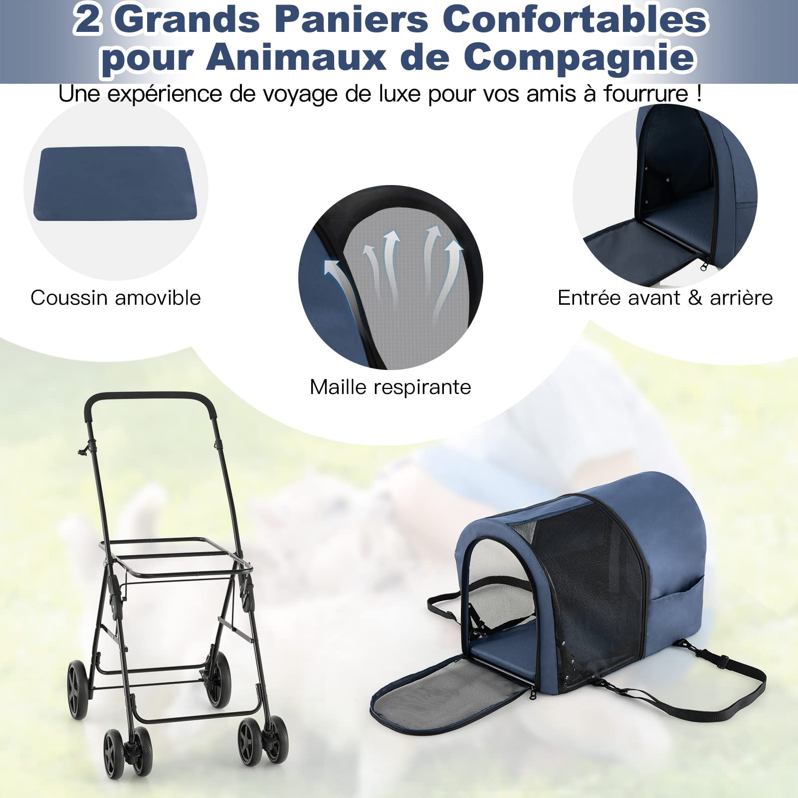 GYMAX Poussette Chien, Charge Max 15 KG, Poussette pour Chien Chat Pliable en une seule touche, Chariot pour Animaux de Campagnie, 81×45×101 CM, Noir/Beige/Bleu (Bleu, 68x51x107cm)