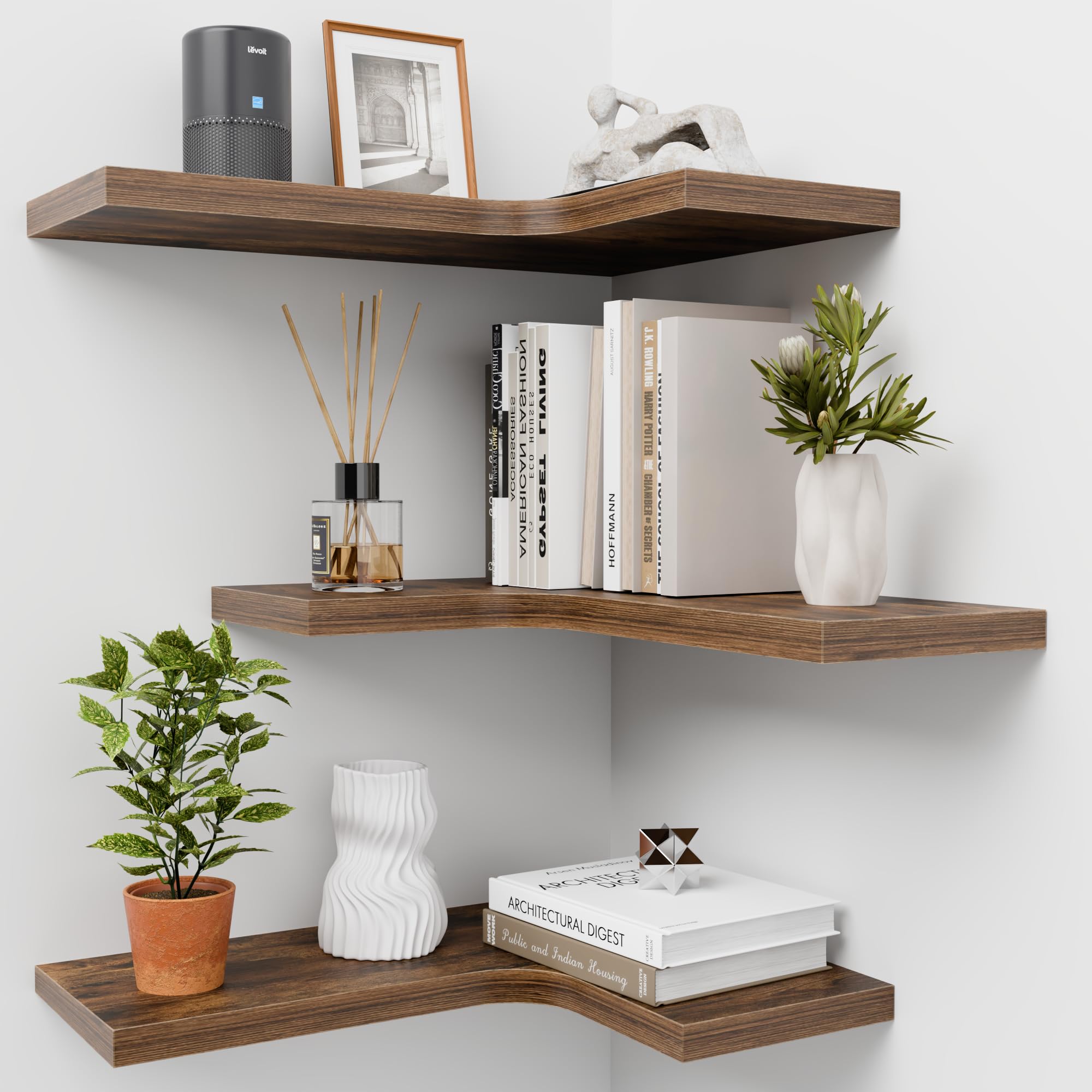 Homagle Wandregal Holz Eckregal HäNgend L-FöRmiger HäNgeregal Bilderleiste Schweberegal Regal KüChe GewüRzregal FüR Wohnzimmer Schlafzimmer Bad Flur BüRo Wand Deko,3er Set