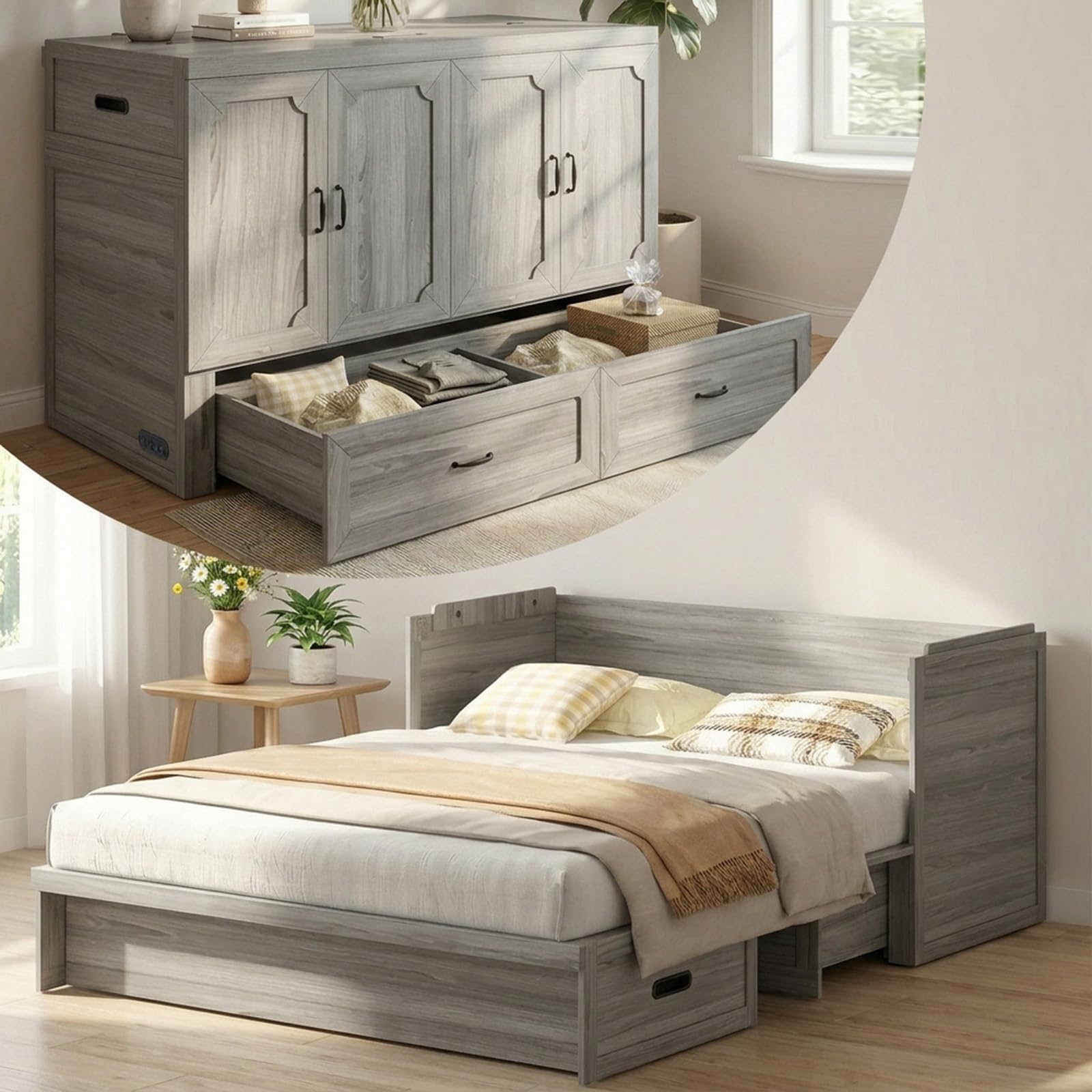 CECER Queen Murphy Bed in Grey, shown in its cabinet form with drawers and also as an unfolded bed with a mattress.