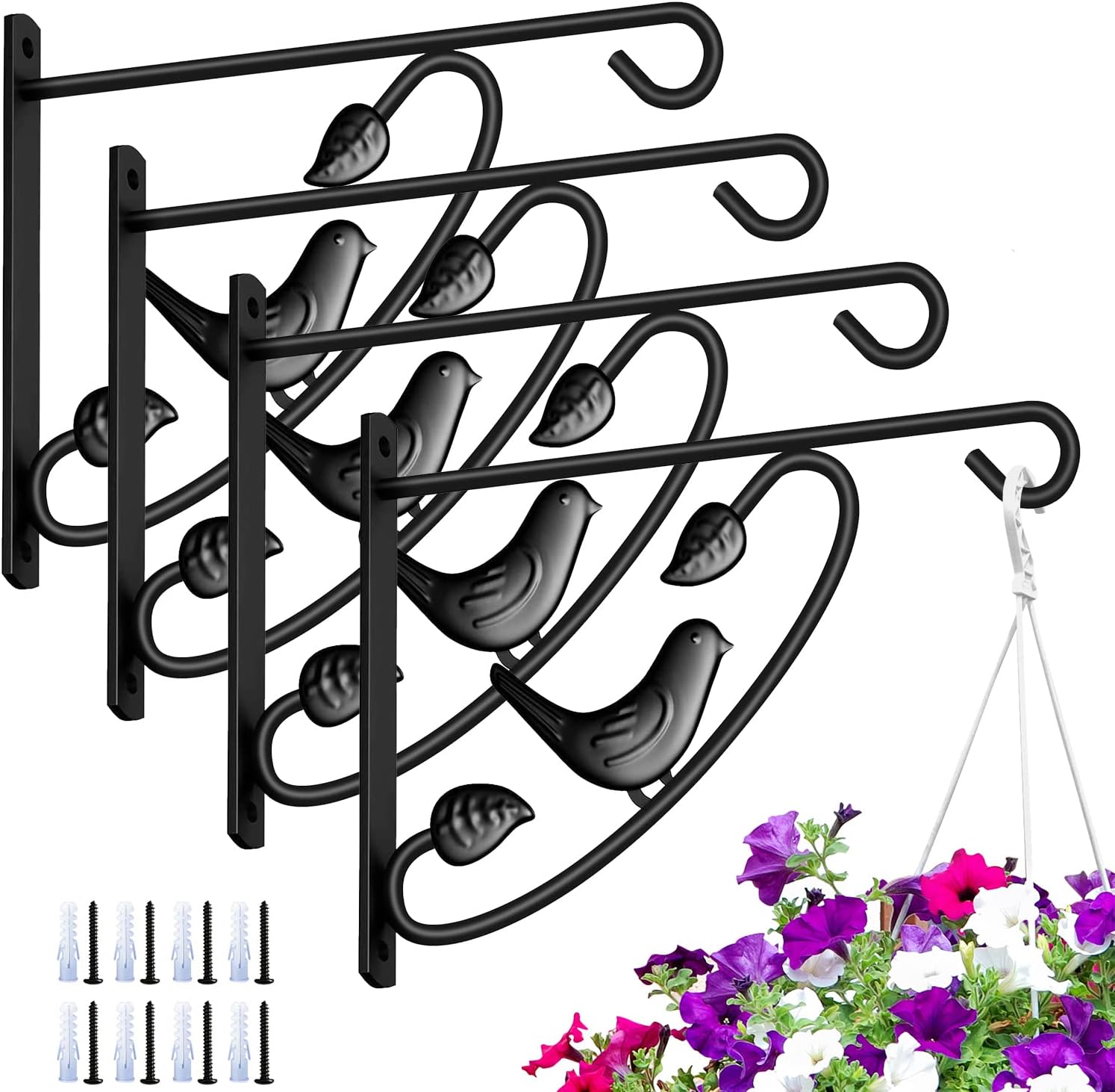 AMAGABELI GARDEN & HOME 4 Pack Hanging Plant Brackets Outdoor 12 inch Metal Fence Wall Plant Hanger Hooks for Hanging Flower Baskets Bird Feeders Lanterns Wind Chimes Rust-Resistant Black
