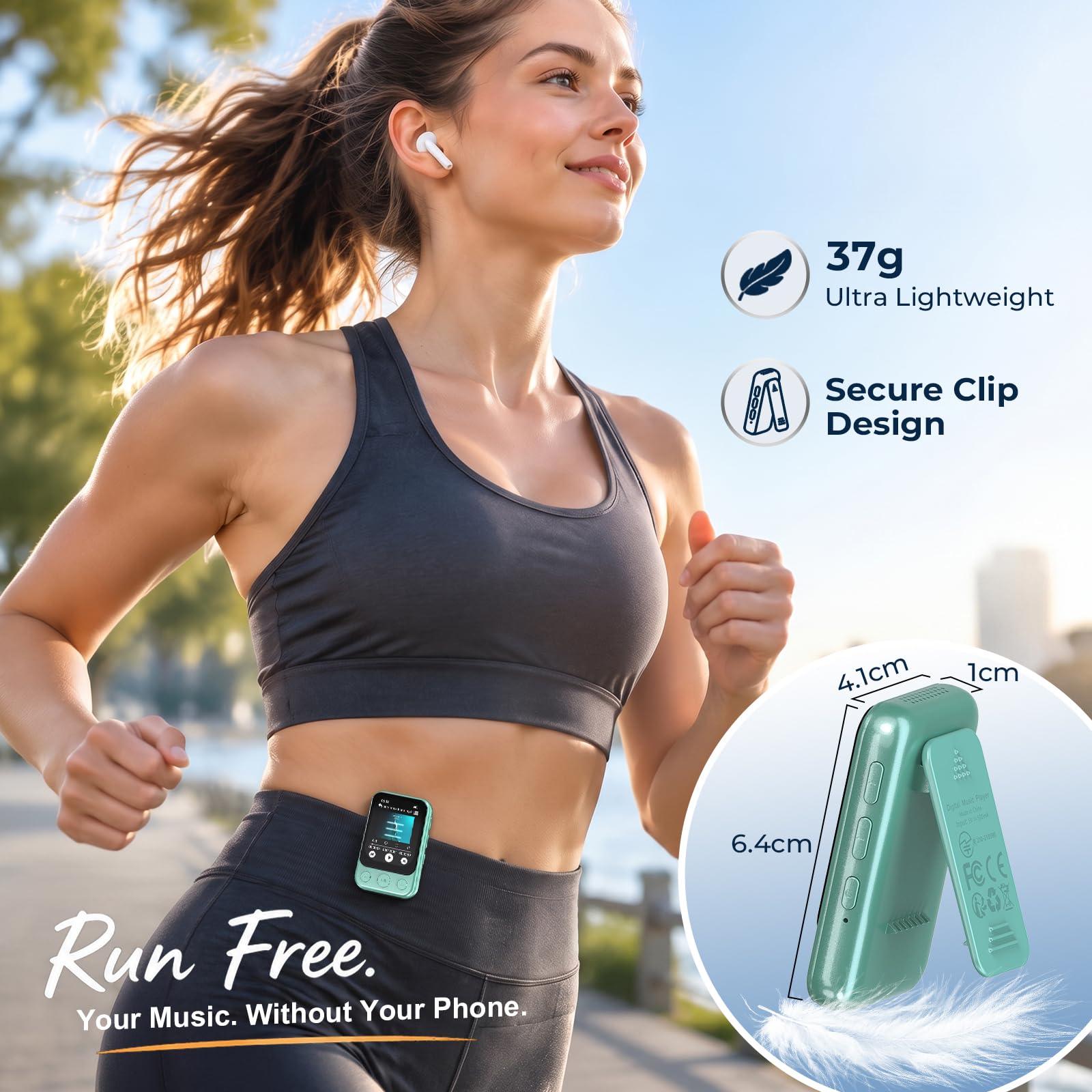 Lettore MP3 64GB Bluetooth 5.3 con Clip, Touchscreen & Tasti, Altoparlante | Musica senza smartphone · Solo 37g · Facile da usare · Audiolibri & apprendimento · Timer di spegnimento