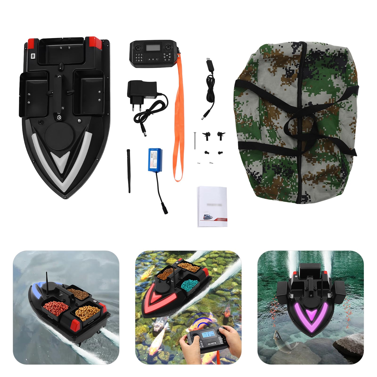 Futterboot für Angeln mit 3 Futterkammern, 500m Fernsteuerung, 2 Motoren, LED-Beleuchtung, 5200mAh Akku, Windwiderstandsstufe 6, 100 Fixpunkte, EU-Stecker