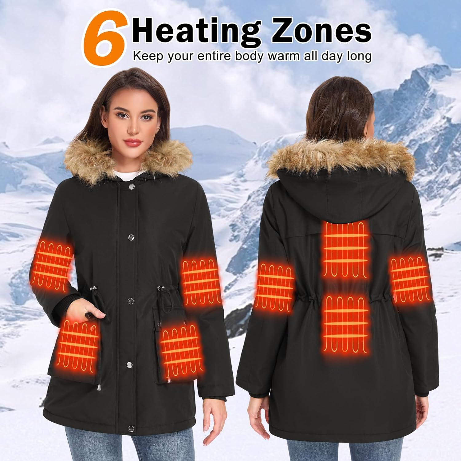 HEEKPEK Women's Heated Jacket Water-Repellent Winter Parka with Detachable Fur Collar, Fleece Lining Heated Coat - Image 2