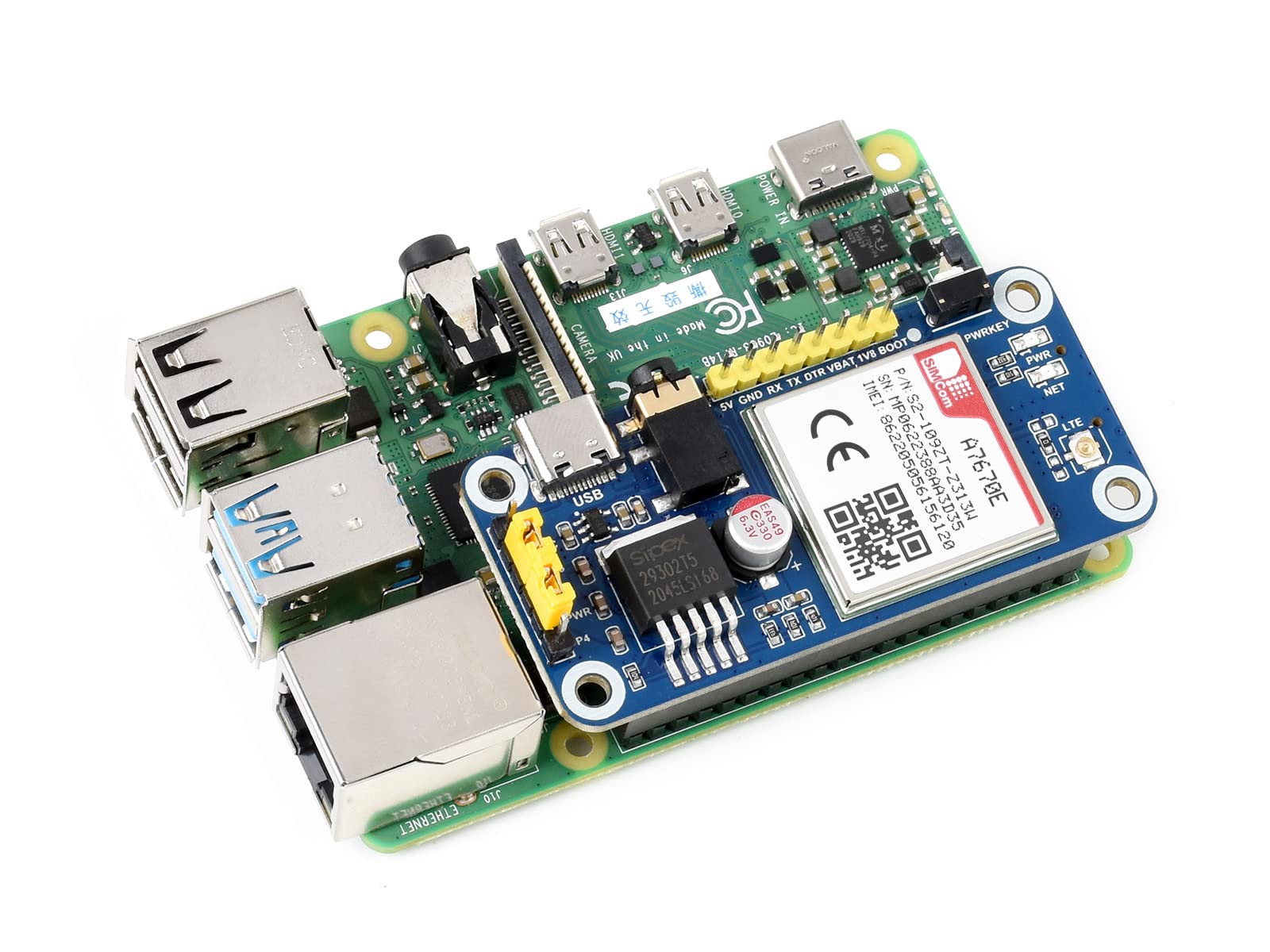 Waveshare A7670E LTE Cat-1 Hat for Raspberry Pi Enabling LTE Cat-1 / 2G Communication & LBS Positioning Multi Band Support 2G gsm/GPRS