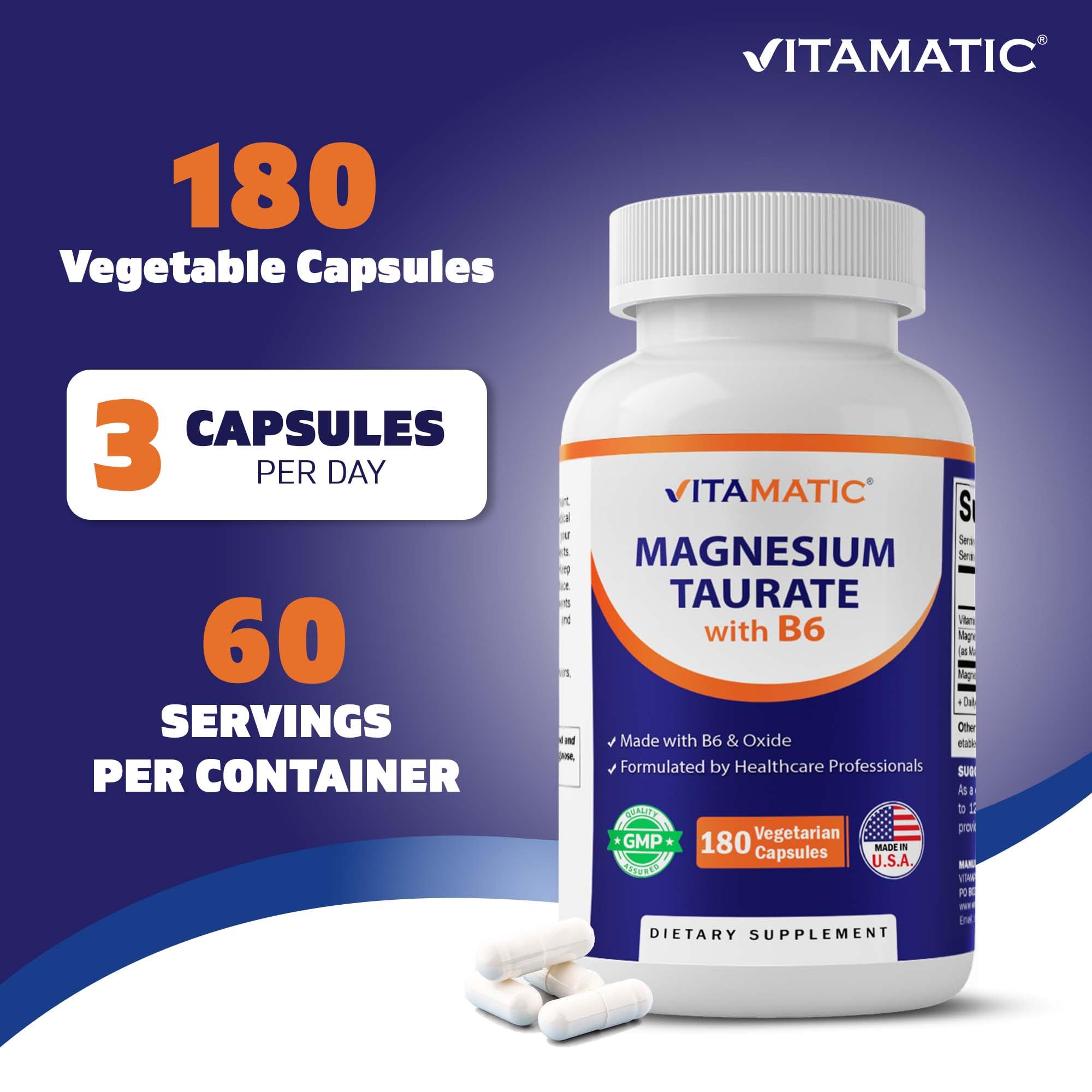 Vitamatic Magnesium Taurate 1500mg per Serving - 180 Vegetarian Capsules (Provides 300 mg of Elemental Magnesium) - Added B6 for Maximum Absorption - Supports Muscle, Joint, and Heart Health* — Amazon image 4