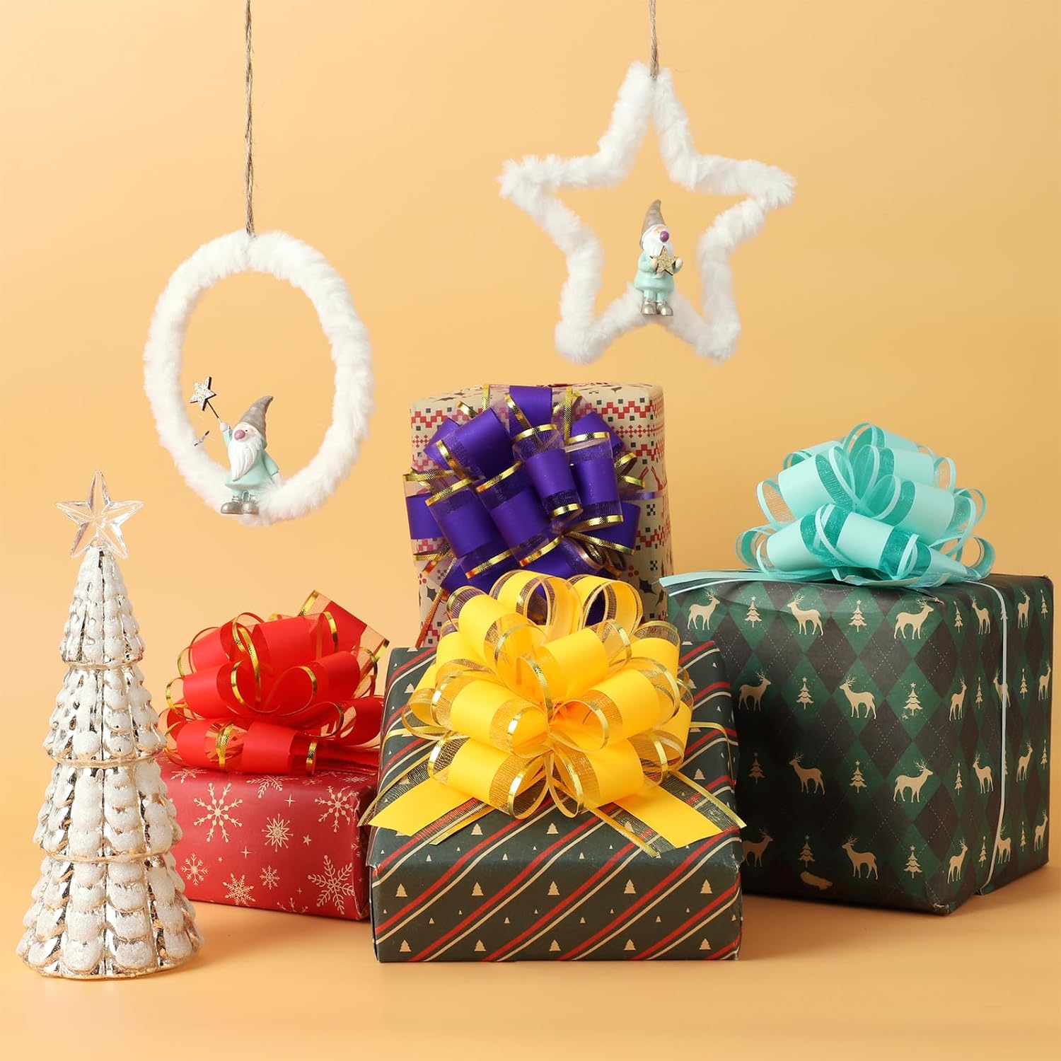 6 Pieces Gift Wrap Ribbon Pull Bows (6" Wide); Easy and Fast Gift Wrapping Accessory for Christmas Gifts, Bows, Baskets, Wine Bottles Decoration, Gift Wrapping and Decoration Present (Yellow) - Image 5