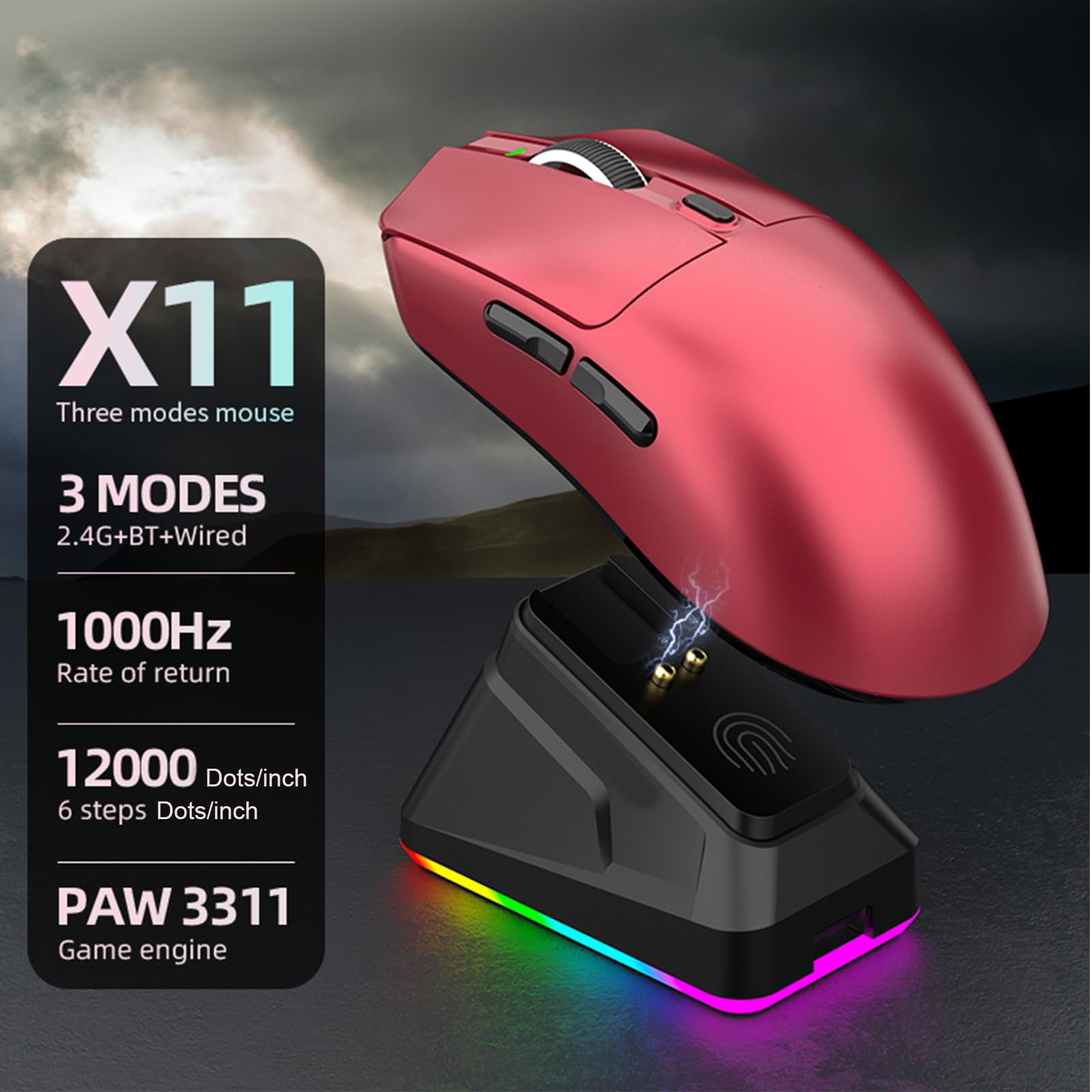 Tosuny Mouse da Gioco Wireless, Mouse da Gioco Tri-mode 2.4G/USB/Bluetooth con Base di Ricarica RGB, 800-12000 DPI, 7 Pulsanti Programmabili, Mouse Ricaricabile per PC Portatile (rosso)