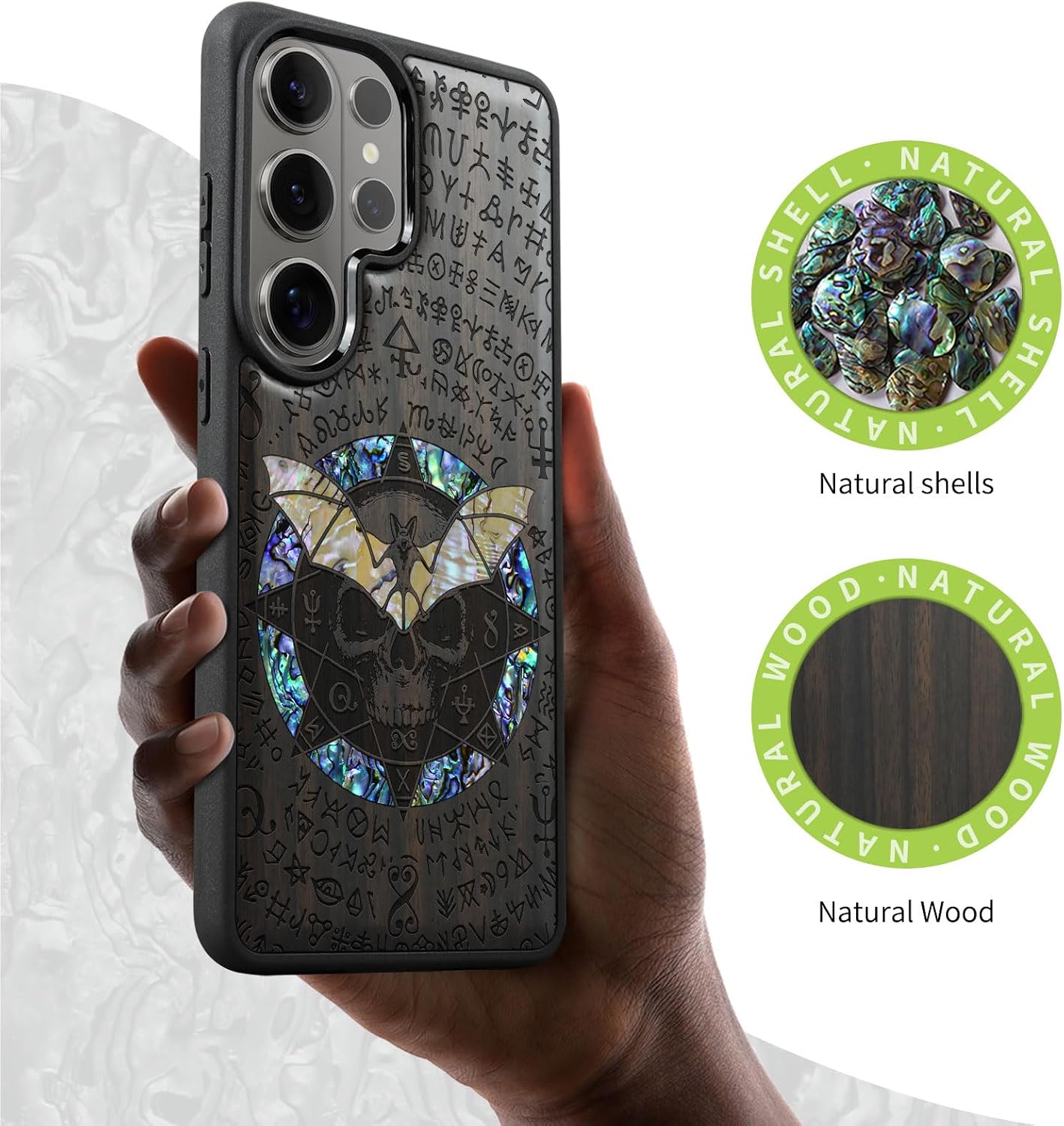 Carveit Magnetic Wooden Case for Samsung Galaxy S26 Ultra Case, Wood Artisan Engraved & Handmade Shell Inlaid, Compatible with MagSafe Wireless Chargers (Bat and Skull) Blackwood