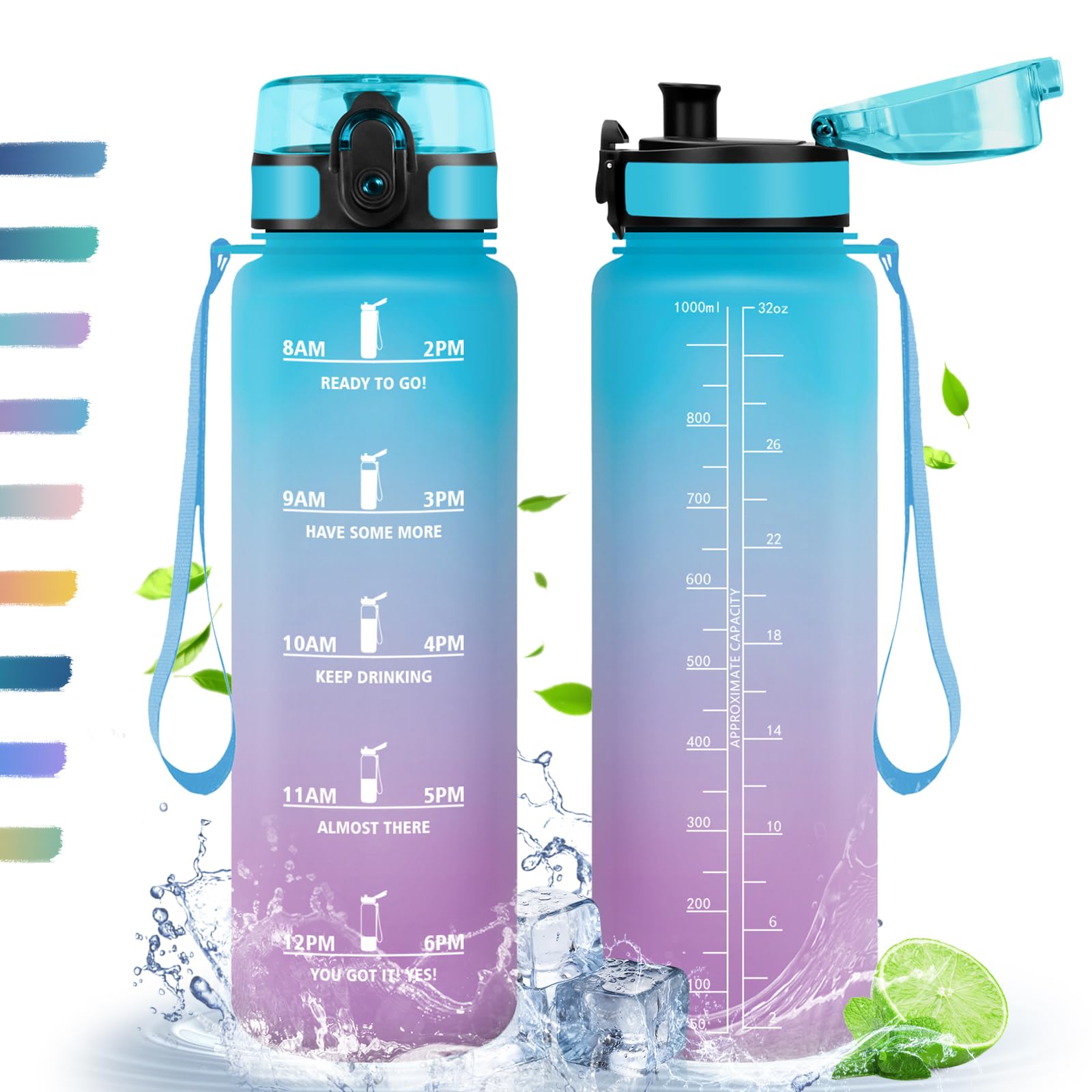 HoneyHollyWater Bottle, 500 ml/1 L/1.5 L, Sports Water Bottle with Time Marking, with Filter, Leak-Proof Drinking Bottle, BPA-Free Tritan, Water Bottle for Sports, Fitness, Yoga, School, Office