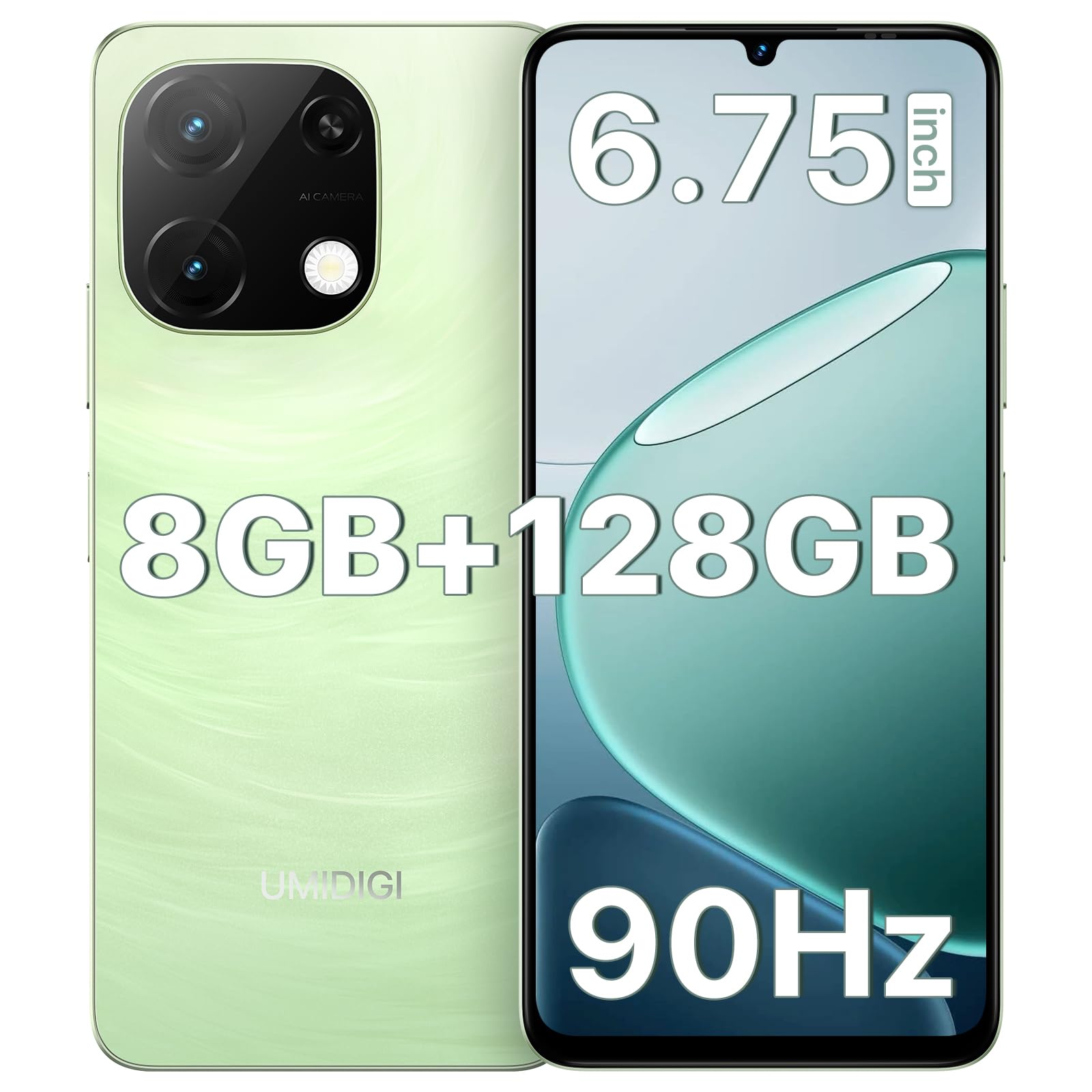 UMIDIGI Mobile Phones, 8GB+128GB/1TB TF Smartphone SIM Free Unlocked,6.75" HD+90Hz Display,18W PD 5000mAh Battery, 13MP,Face ID & Fingerprint Unlock,Dual SIM 4G Phone,GPS,3.5mm Jack, OTG,G9T-Green