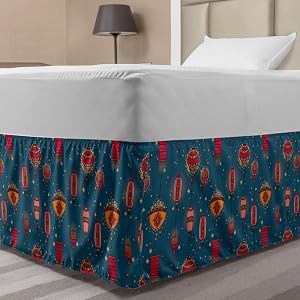 Lunarable Folkloric Bed Skirt Mid Autumn Festival Preparations Theme Ornamental Stars and Dots Themed Print Elastic Bedskirt Dust