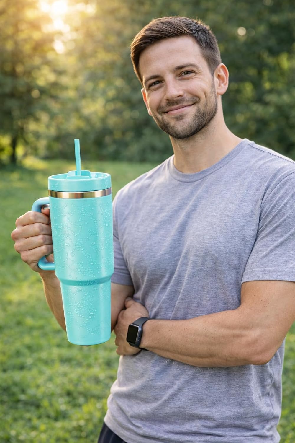 Insulated Stainless Steel Turquoise Travel Tumbler with Handle & Straw, 40oz Vacuum-Insulated Mug, Leak-Resistant, Reusable Coffee & Water Cup - Image 5