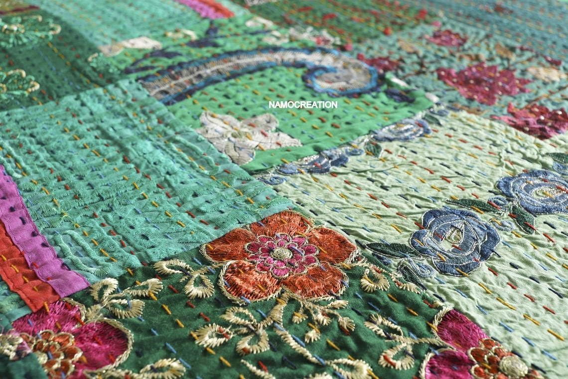 Embroidery Assorted Patchwork Kantha Quilt Reversible Patchwork Kantha Bedspread Bed Cover Decor Throw Blanket California King/Queen/Twin (60X90 Inches) Green