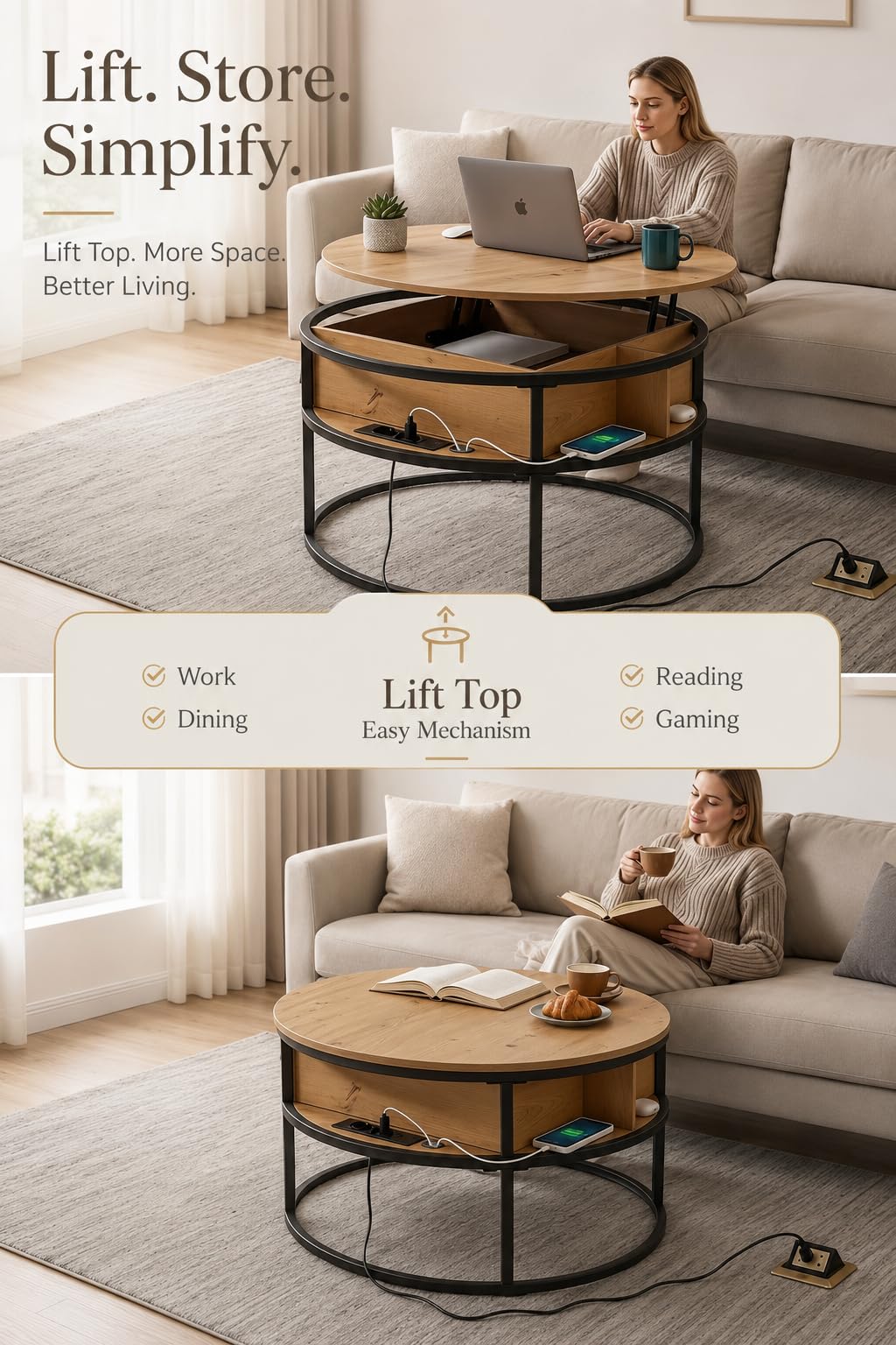Mesa de Centro Elevable, Mesa de Centro Madera 80 x 80 x 48 cm, Mesa Elevable con Puertos USB y Tipo C, Luz LED y Compartimento Oculto, Mesa Auxiliar Sofa con Almacenamiento, Mesa Redonda