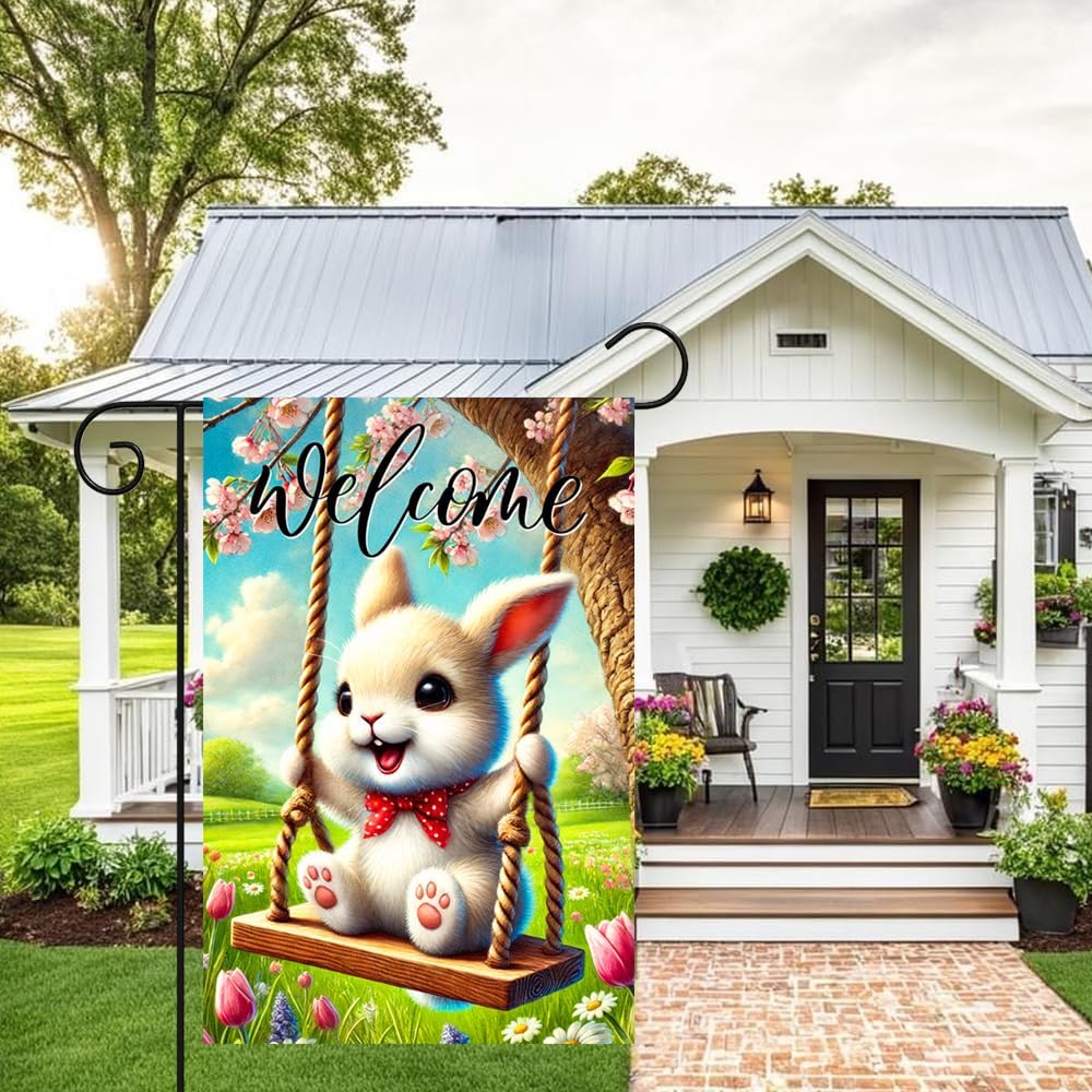 Welcome Garden Flag 12x18 Inch Double Sided Spring Yard Flags Cute Bunny Swing Outdoor Decorative Flag for Spring Easter Yard Porch Farmhouse Outside Decor - Image 3