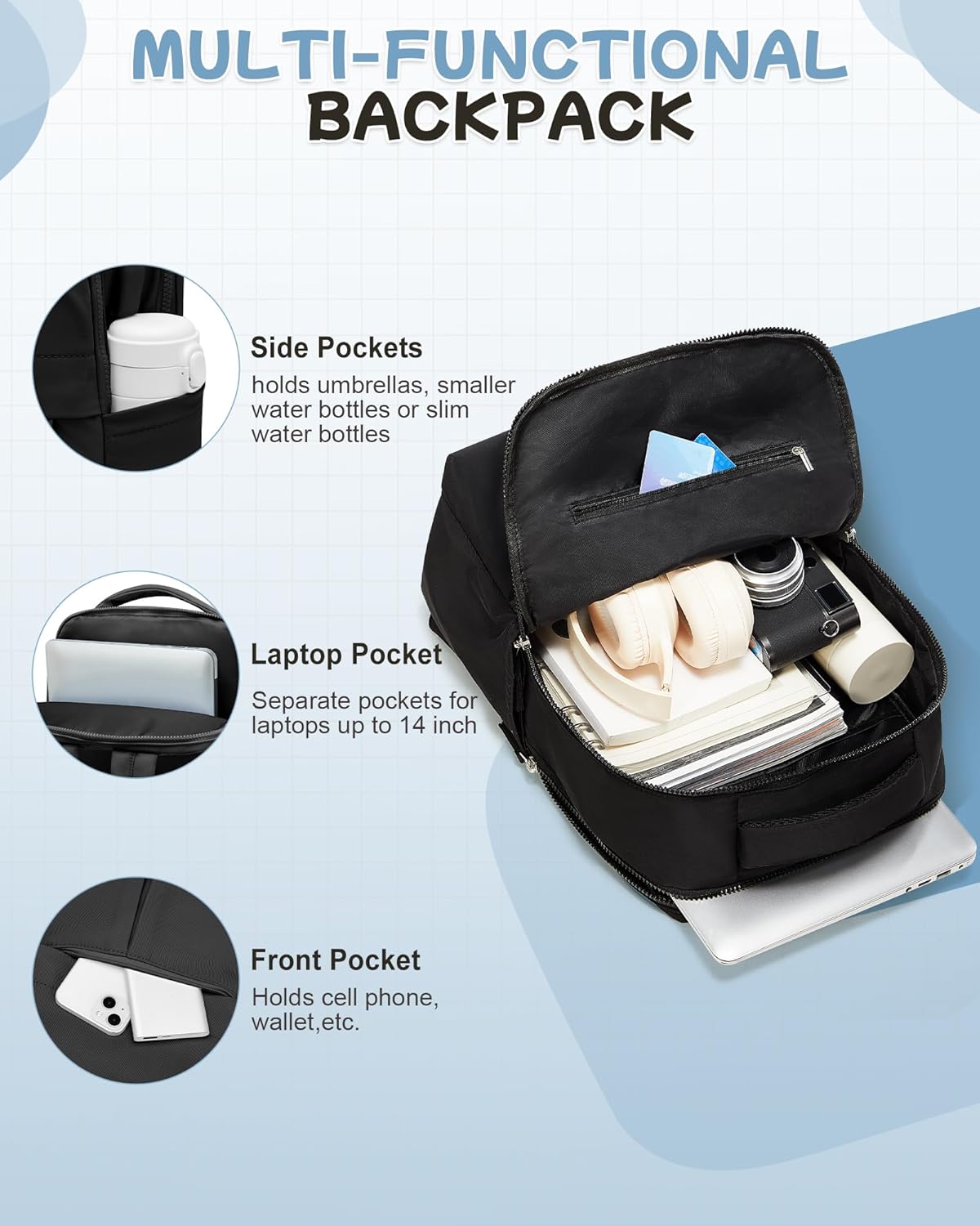 Small Laptop Backpack for Women, 14 Inch Computer Bag with Hidden Anti-theft Back Pocket, Lightweight Waterproof Travel Backpack for Work, College, Commuter & Business, Black